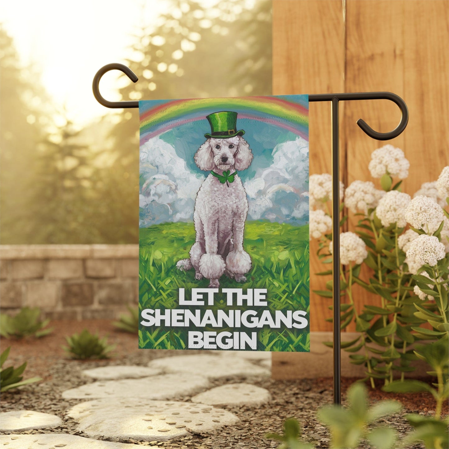 Printify Home Decor White Poodle St. Patrick's Day Lawn Flag, Festive Dog Holiday, Irish-Themed Pet Garden