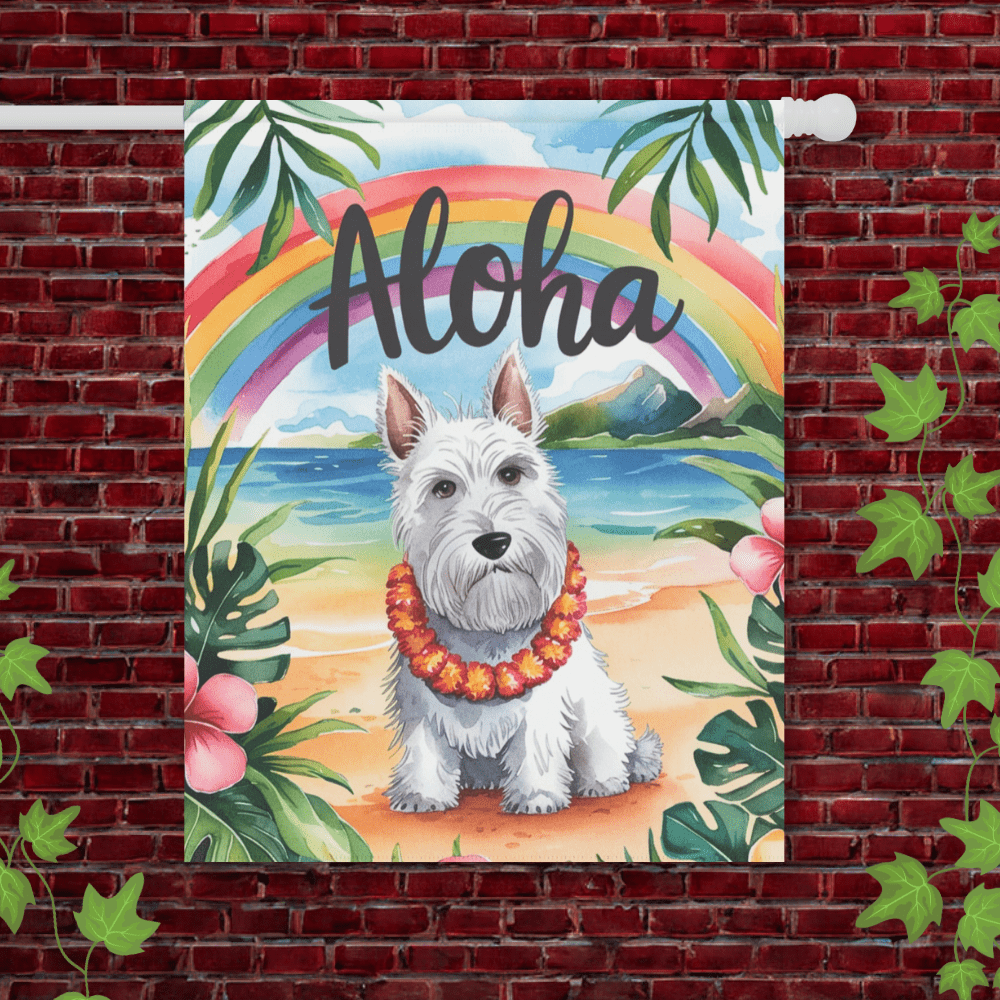 Printify Garden Flag 24.5'' × 32'' White Scottish Terrier Aloha Garden Flag