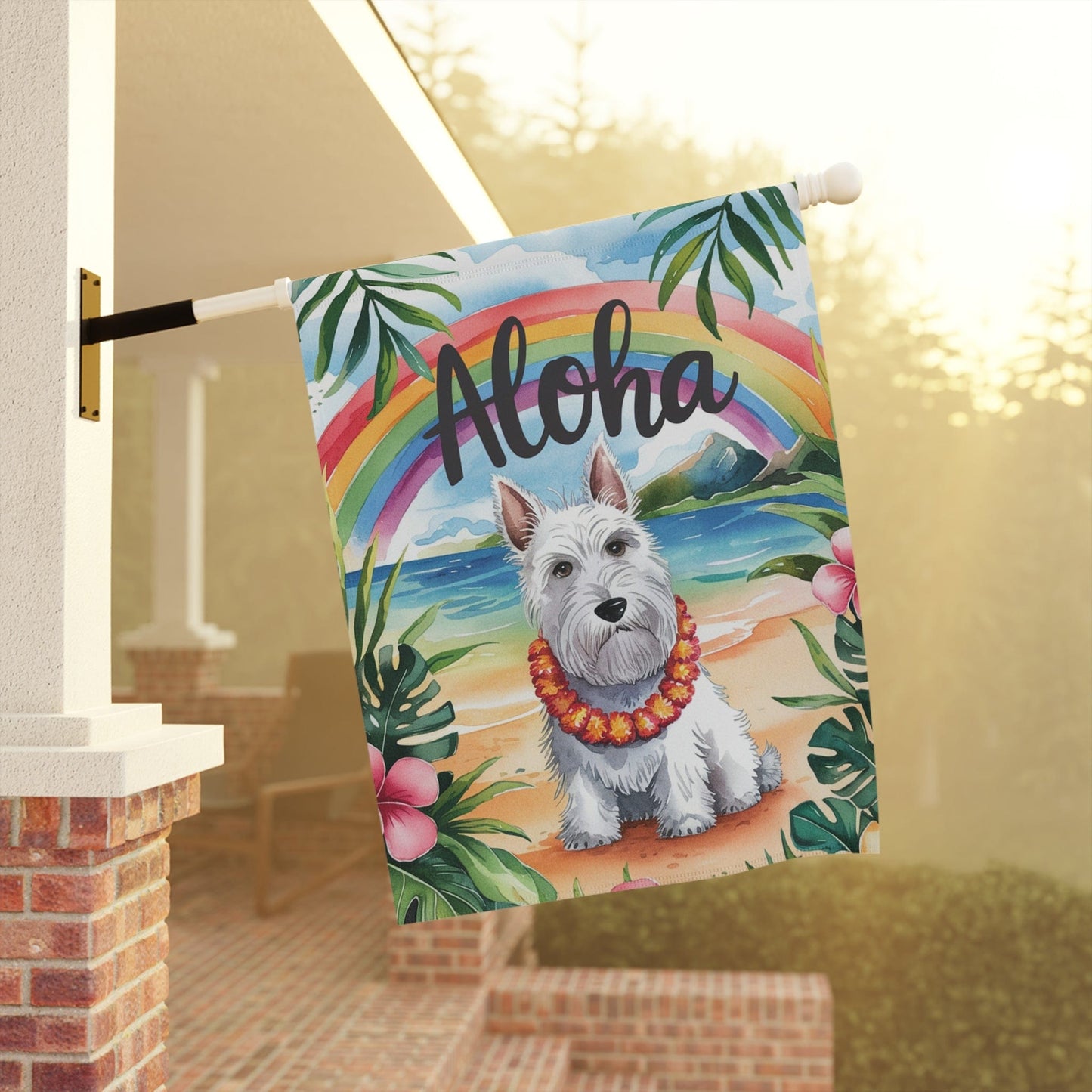 White Scottish Terrier Aloha Garden Flag