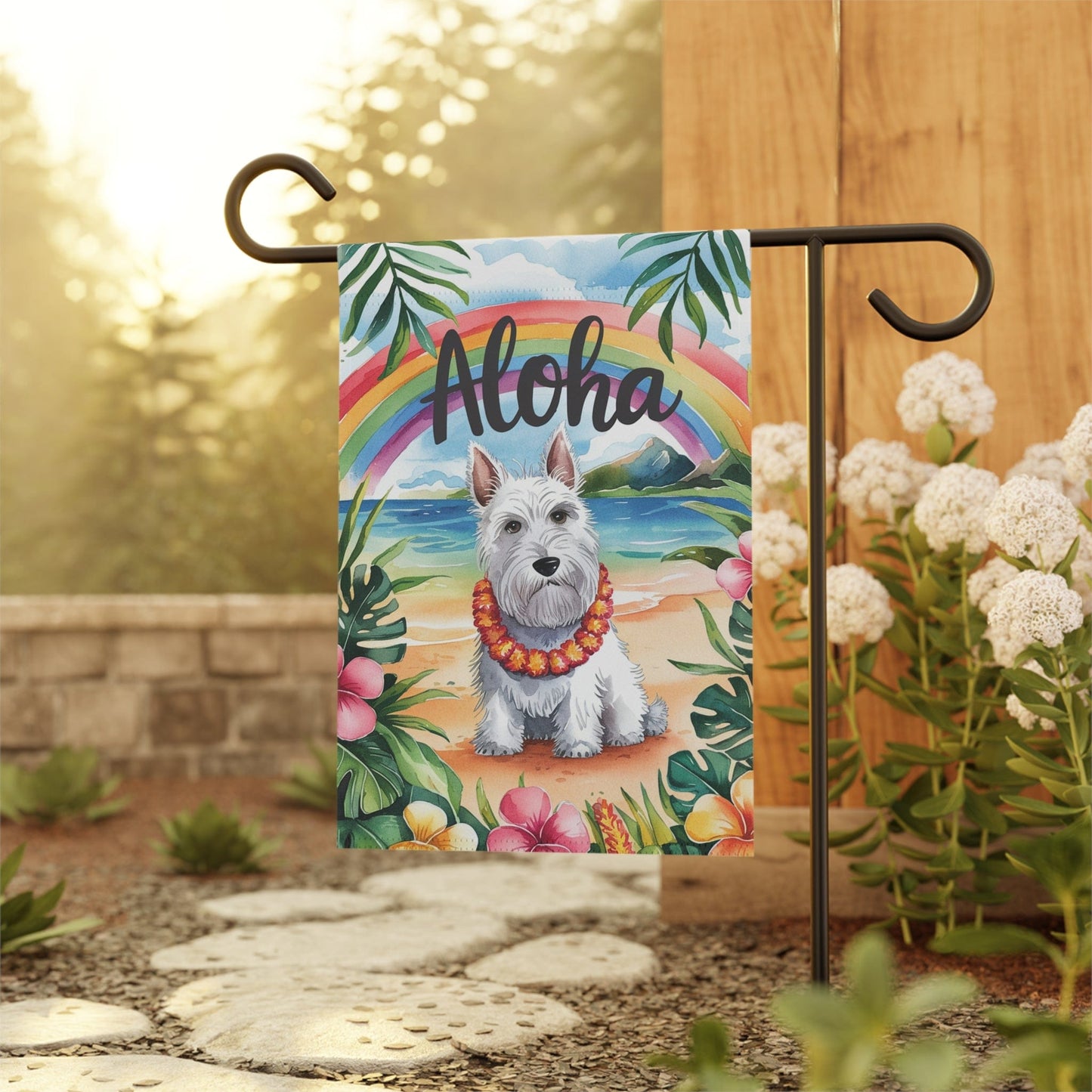 Printify Garden Flag White Scottish Terrier Aloha Garden Flag