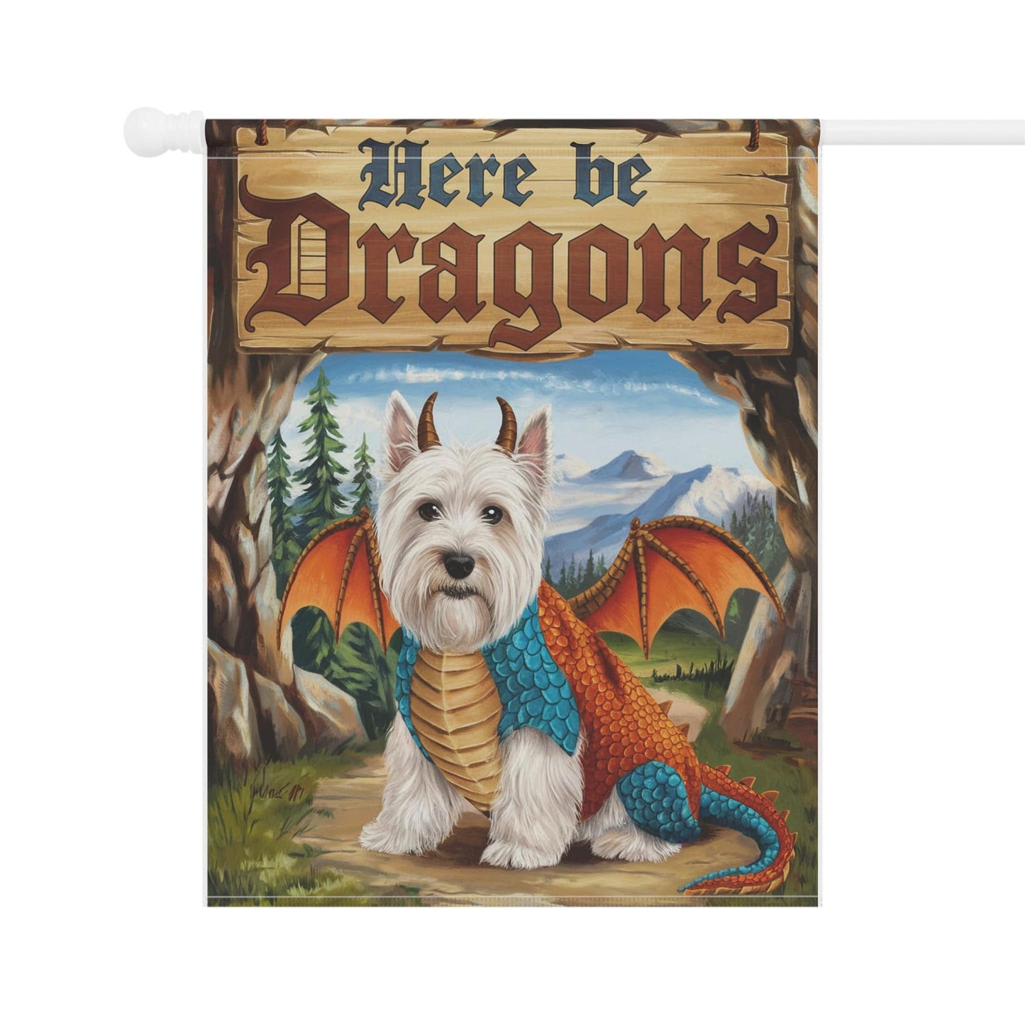 Printify Home Decor White Scottish Terrier Dog Dragon, Garden Flag, Pet Adventure, Yard Spring Decor, Housewarming Halloween
