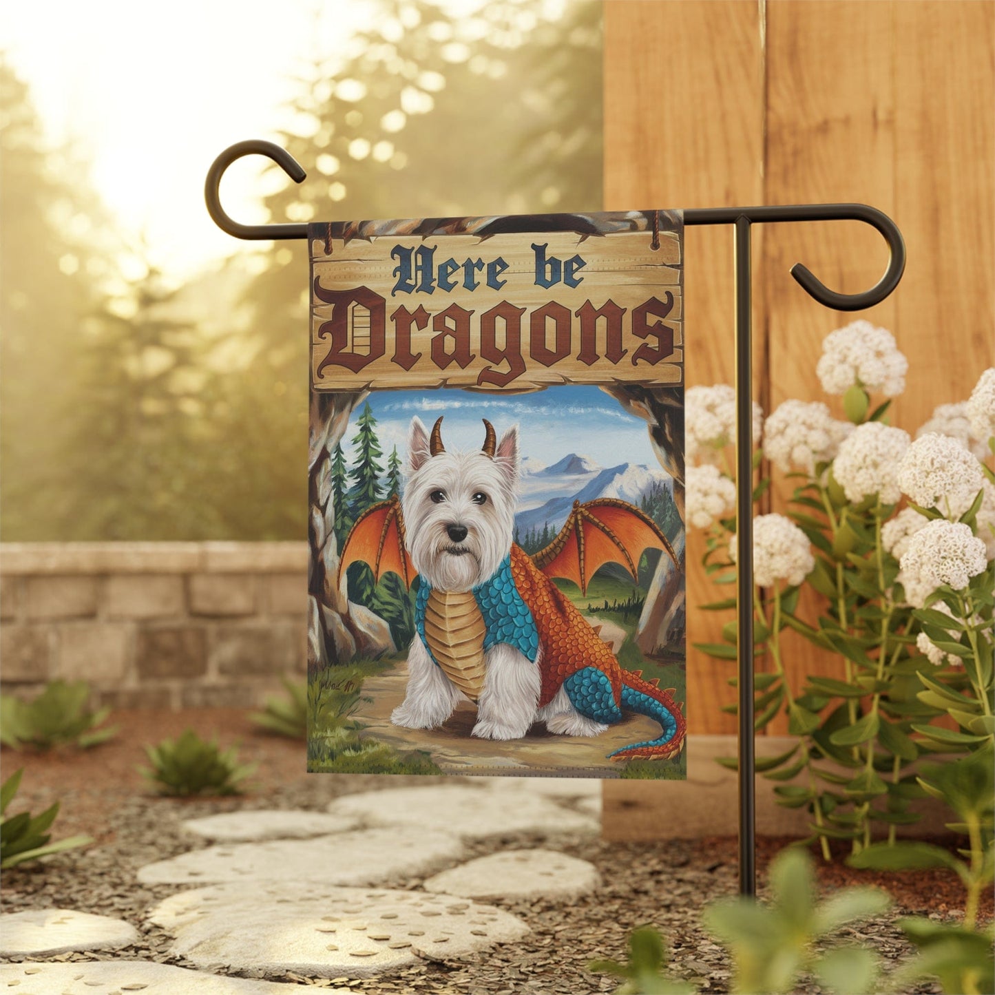 Printify Home Decor White Scottish Terrier Dog Dragon, Garden Flag, Pet Adventure, Yard Spring Decor, Housewarming Halloween