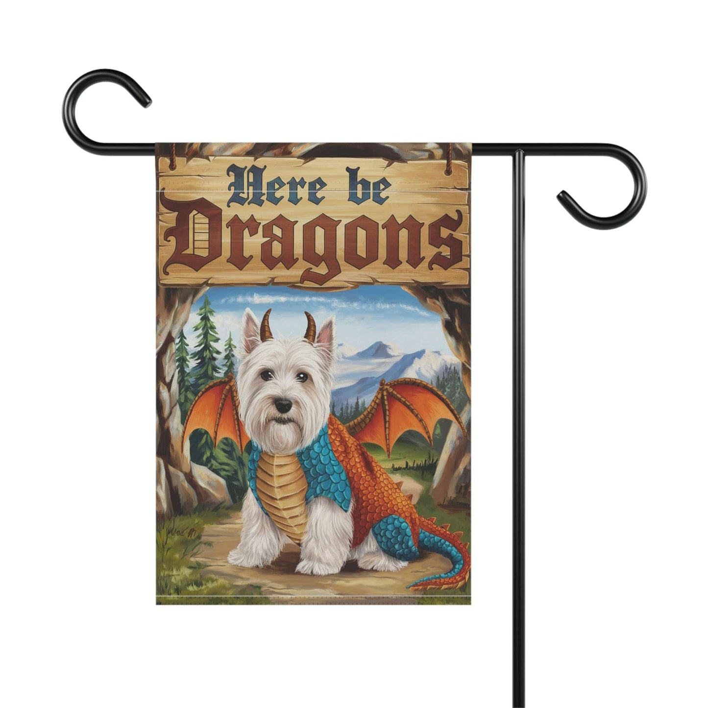 Printify Home Decor White Scottish Terrier Dog Dragon, Garden Flag, Pet Adventure, Yard Spring Decor, Housewarming Halloween