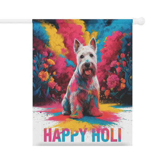 White Scottish Terrier Holi Garden Flag – Colorful Spring Yard Decor for Dog Lovers 24.5'' × 32''