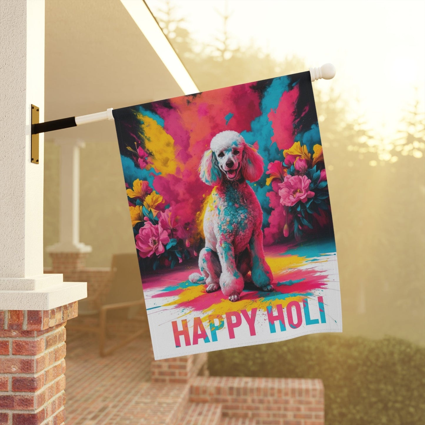 White Standard Poodle Holi Garden Flag, Indian Spring Festival, Funny Dog Lovers Decor