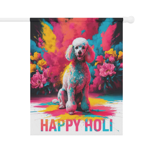 White Standard Poodle Holi Garden Flag, Indian Spring Festival, Funny Dog Lovers Decor 24.5'' × 32''