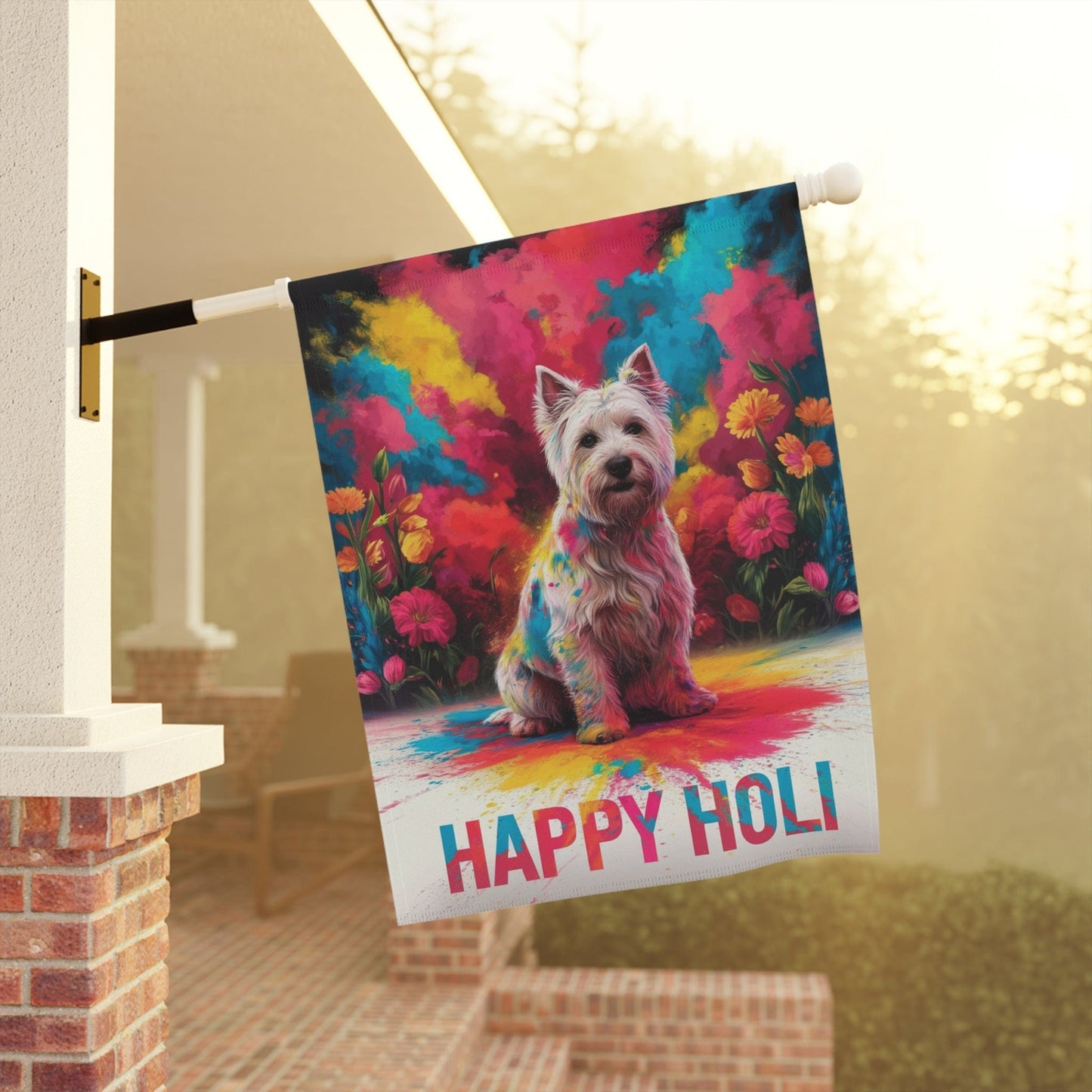 Printify Home Decor White West Highland Terrier Holi Garden Flag, Indian Spring Festival Yard Art, Dog Lovers