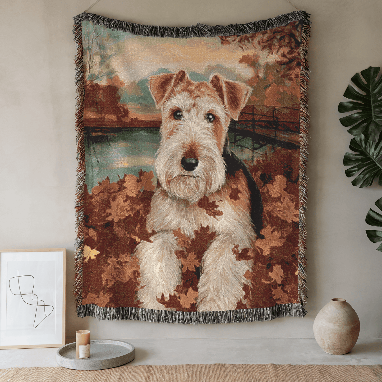 Printify Home Decor Woven Blanket, Airedale Fall Leaves Blanket, Autumn Home Decor, Cozy Throw Blanket, Seasonal Bedding, Living Room Accent, Gift for