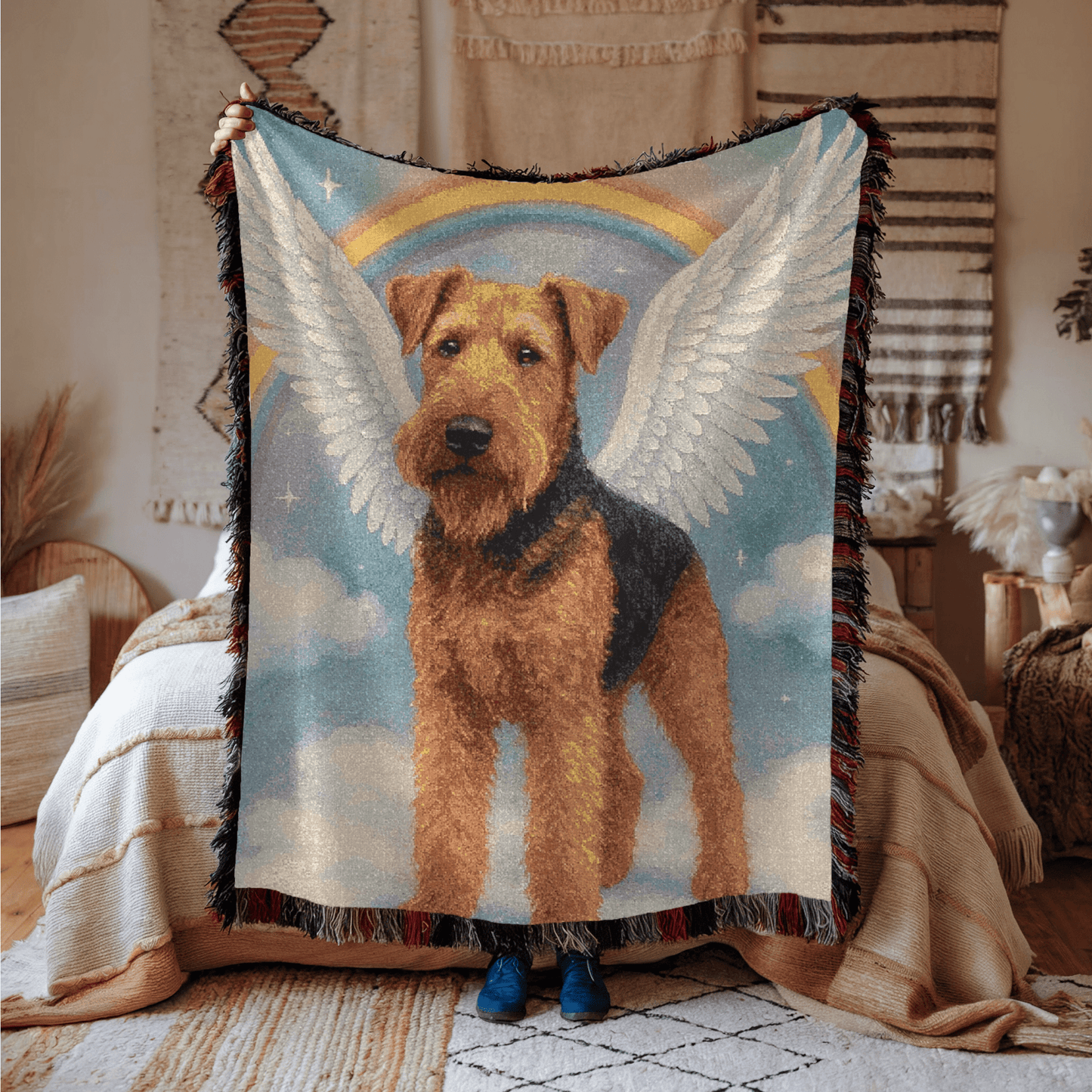Printify Home Decor Woven Blanket, Airedale Terrier, Angel In Memory of Dog, Memorial Housewarming Gift, Throw Blanket, Pet Lover Gift, Dog Memorial, Sympathy