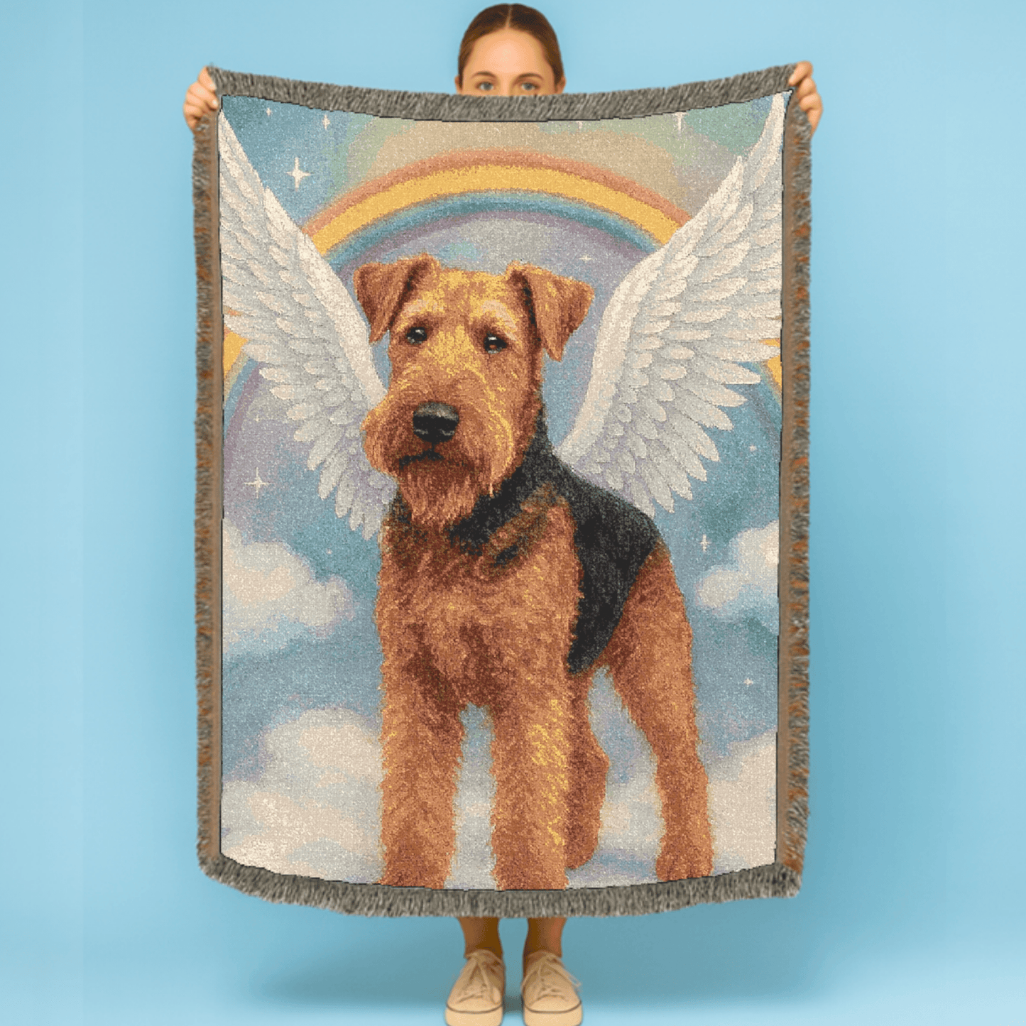 Printify Home Decor Woven Blanket, Airedale Terrier, Angel In Memory of Dog, Memorial Housewarming Gift, Throw Blanket, Pet Lover Gift, Dog Memorial, Sympathy