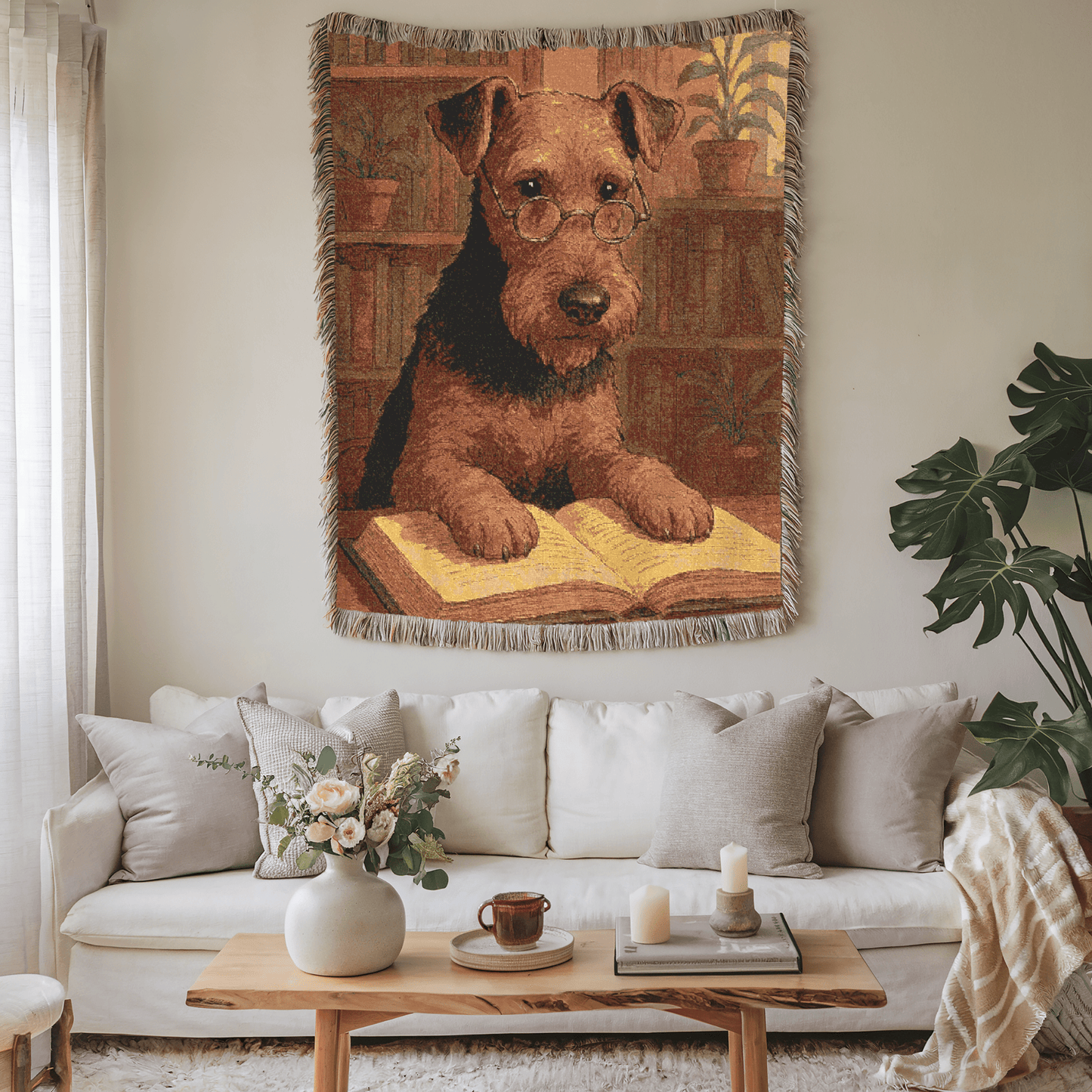 Printify Home Decor Woven Blanket, Airedale Terrier Book Lover Gift, Bookish Decor, Housewarming Gift