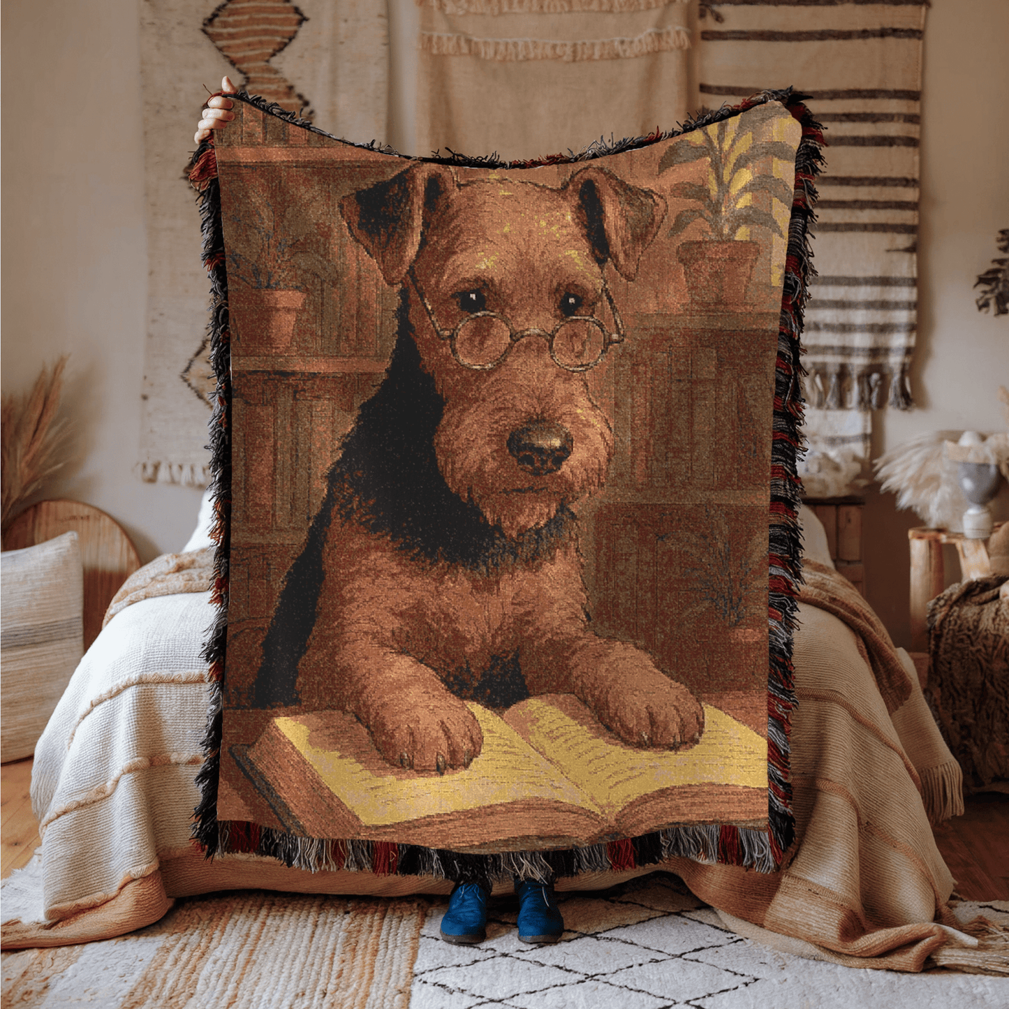 Printify Home Decor Woven Blanket, Airedale Terrier Book Lover Gift, Bookish Decor, Housewarming Gift