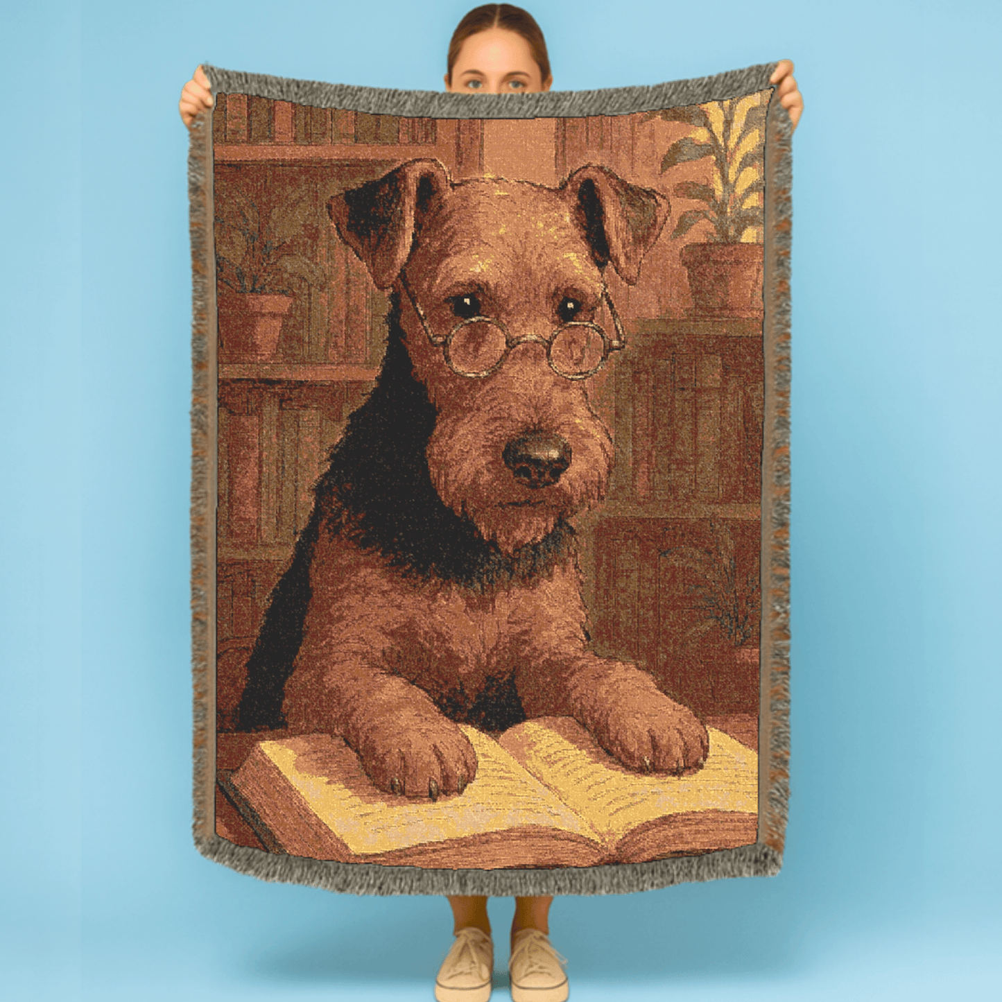 Printify Home Decor Woven Blanket, Airedale Terrier Book Lover Gift, Bookish Decor, Housewarming Gift