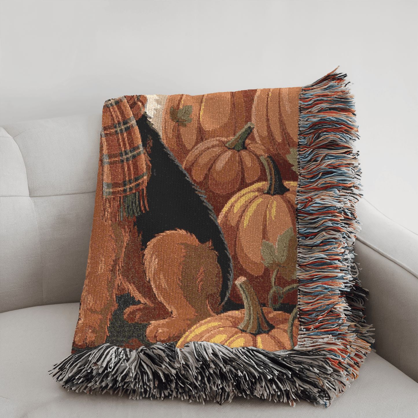Printify Home Decor Woven Blanket, Airedale Terrier Fall Pumpkin Patch Tapestry Throw