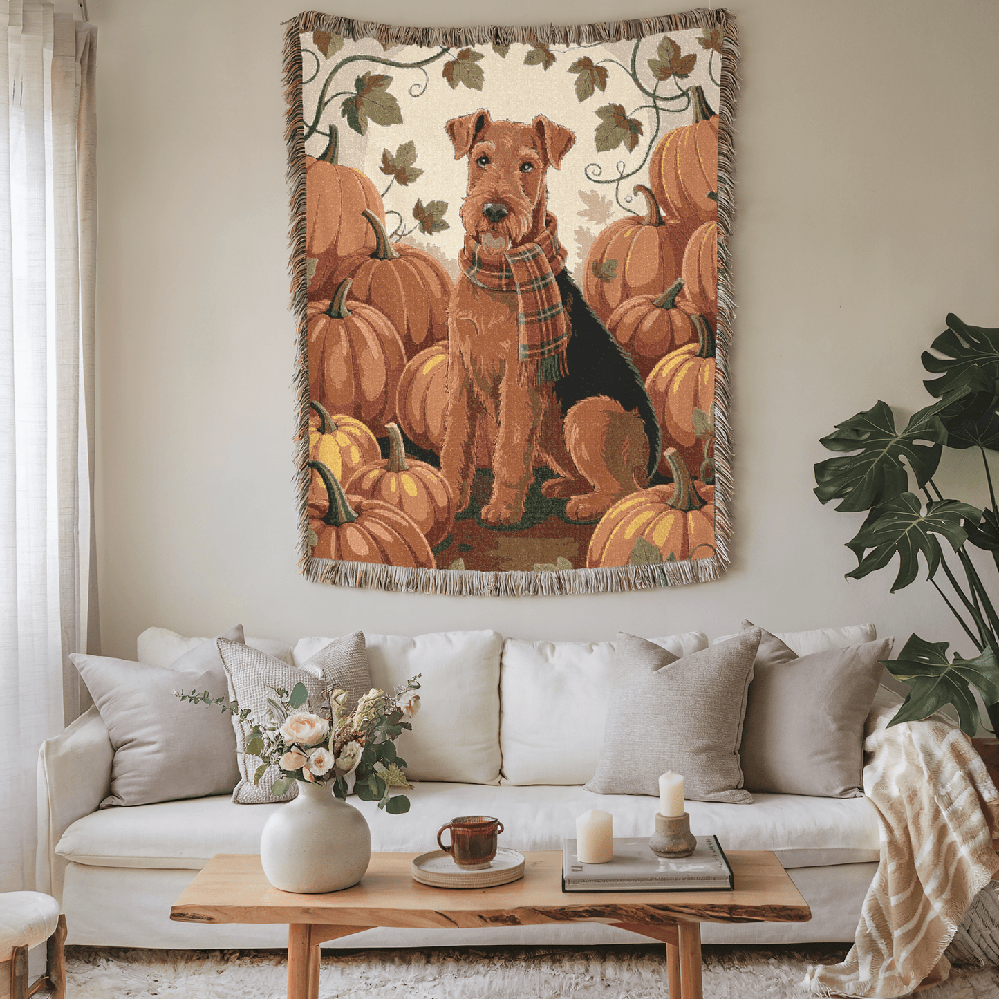 Printify Home Decor Woven Blanket, Airedale Terrier Fall Pumpkin Patch Tapestry Throw