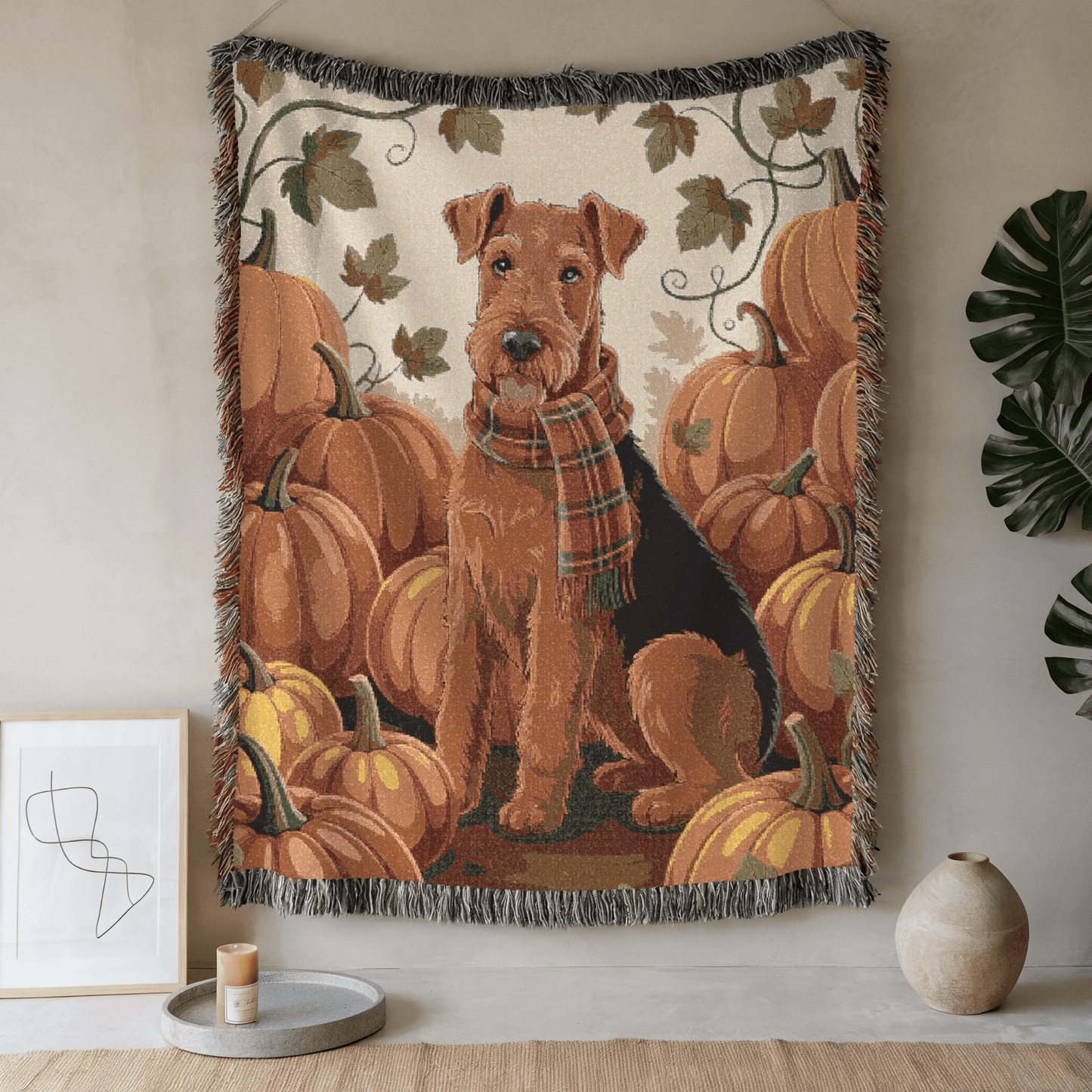Printify Home Decor Woven Blanket, Airedale Terrier Fall Pumpkin Patch Tapestry Throw
