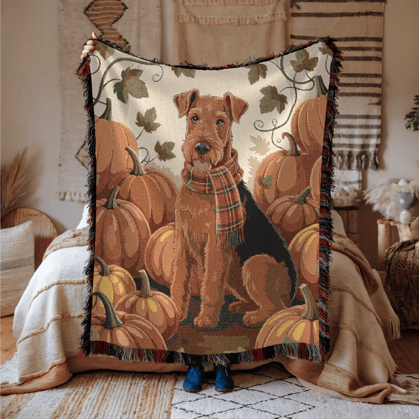 Printify Home Decor Woven Blanket, Airedale Terrier Fall Pumpkin Patch Tapestry Throw