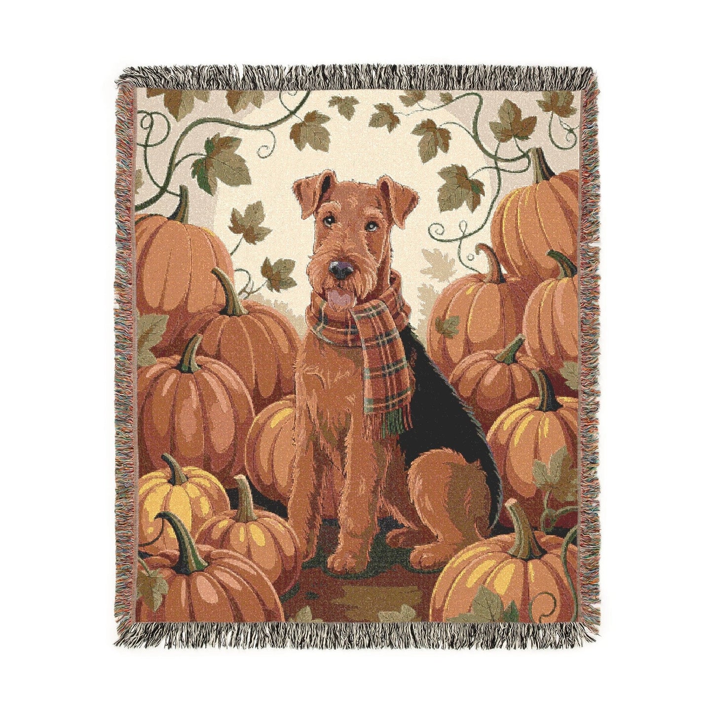 Printify Home Decor Woven Blanket, Airedale Terrier Fall Pumpkin Patch Tapestry Throw