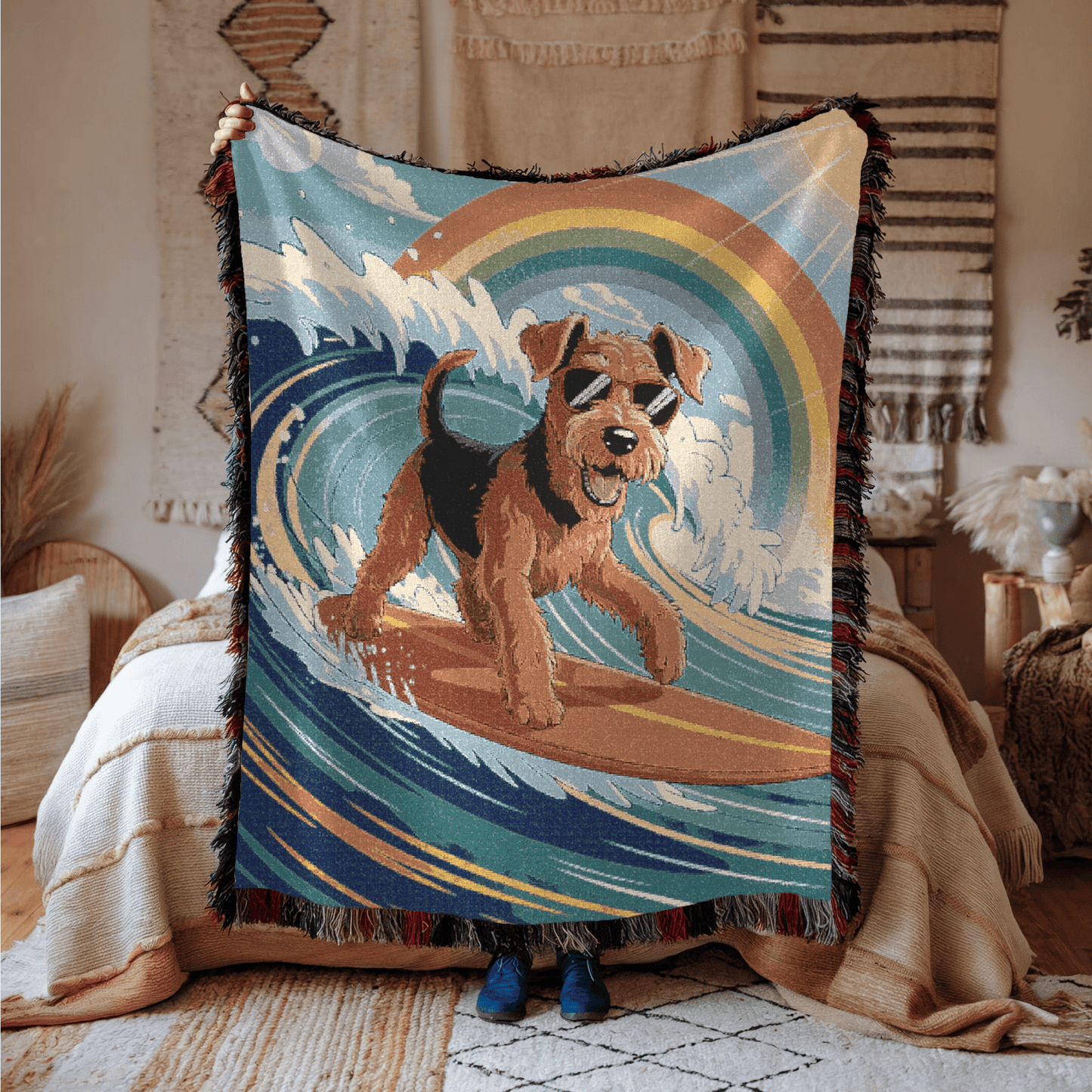 Printify Home Decor Woven Blanket, Airedale Terrier Surfing Beach Tapestry, Pink Throw
