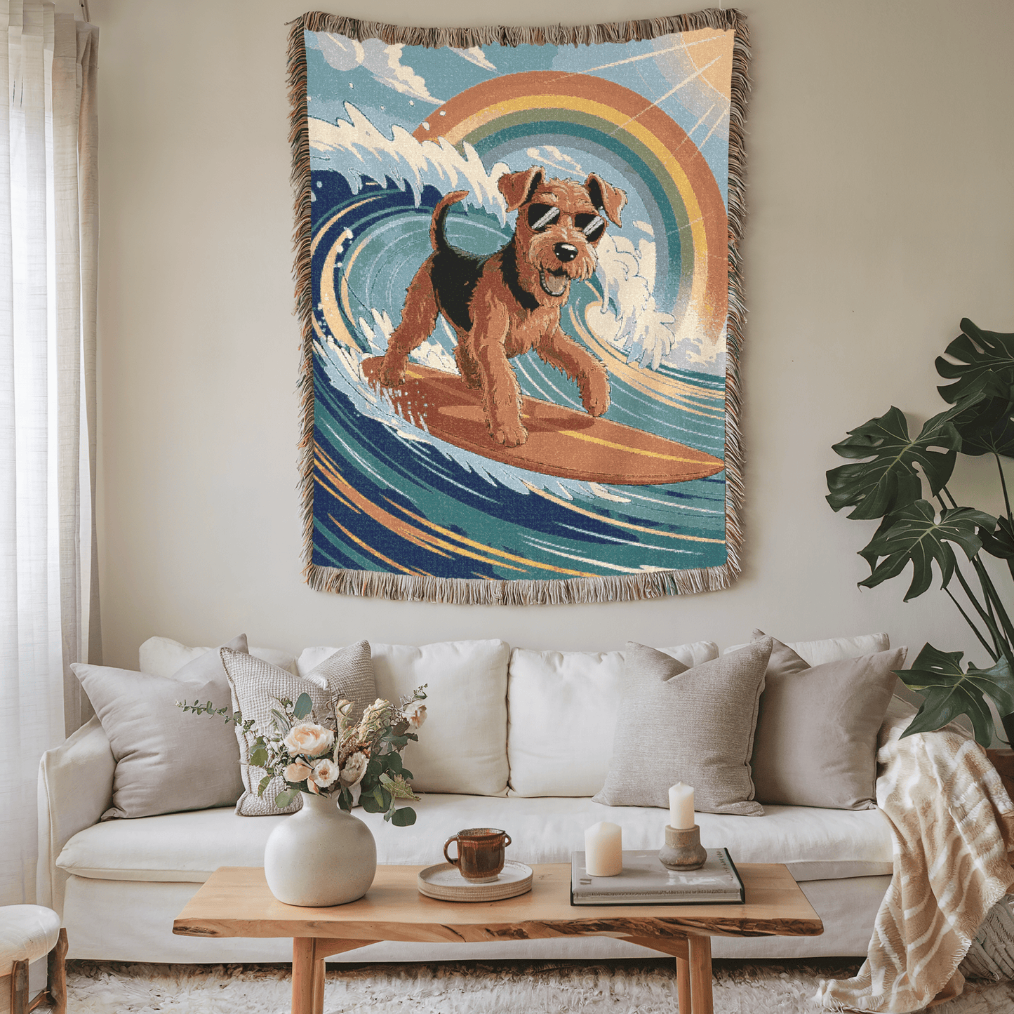 Printify Home Decor Woven Blanket, Airedale Terrier Surfing Beach Tapestry, Pink Throw