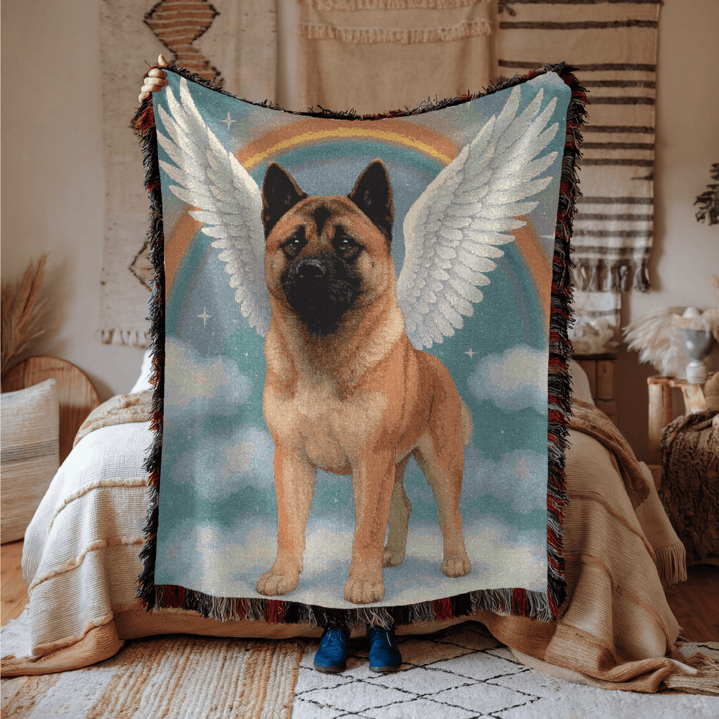 Printify Home Decor Woven Blanket, American Akita, Angel In Memory of Dog, Memorial Housewarming Gift, Throw Blanket