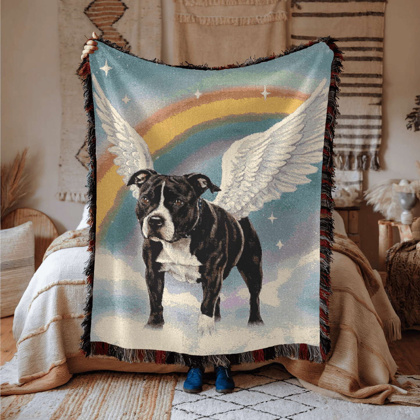 Printify Home Decor Woven Blanket, Black Staffordshire Bull Terrier Dog, Angel In Memory of Dog, Rainbow Bridge Memorial Gift
