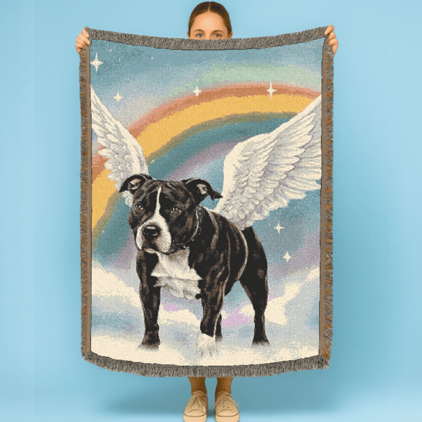 Printify Home Decor Woven Blanket, Black Staffordshire Bull Terrier Dog, Angel In Memory of Dog, Rainbow Bridge Memorial Gift