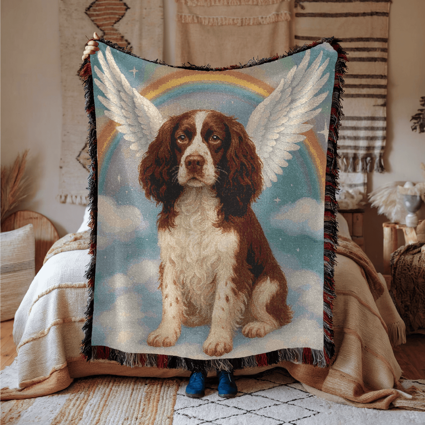 Printify Home Decor Woven Blanket, Brown Springer Spaniel, Angel In Memory of Dog, Rainbow Bridge Memorial Gift, Throw Blanket