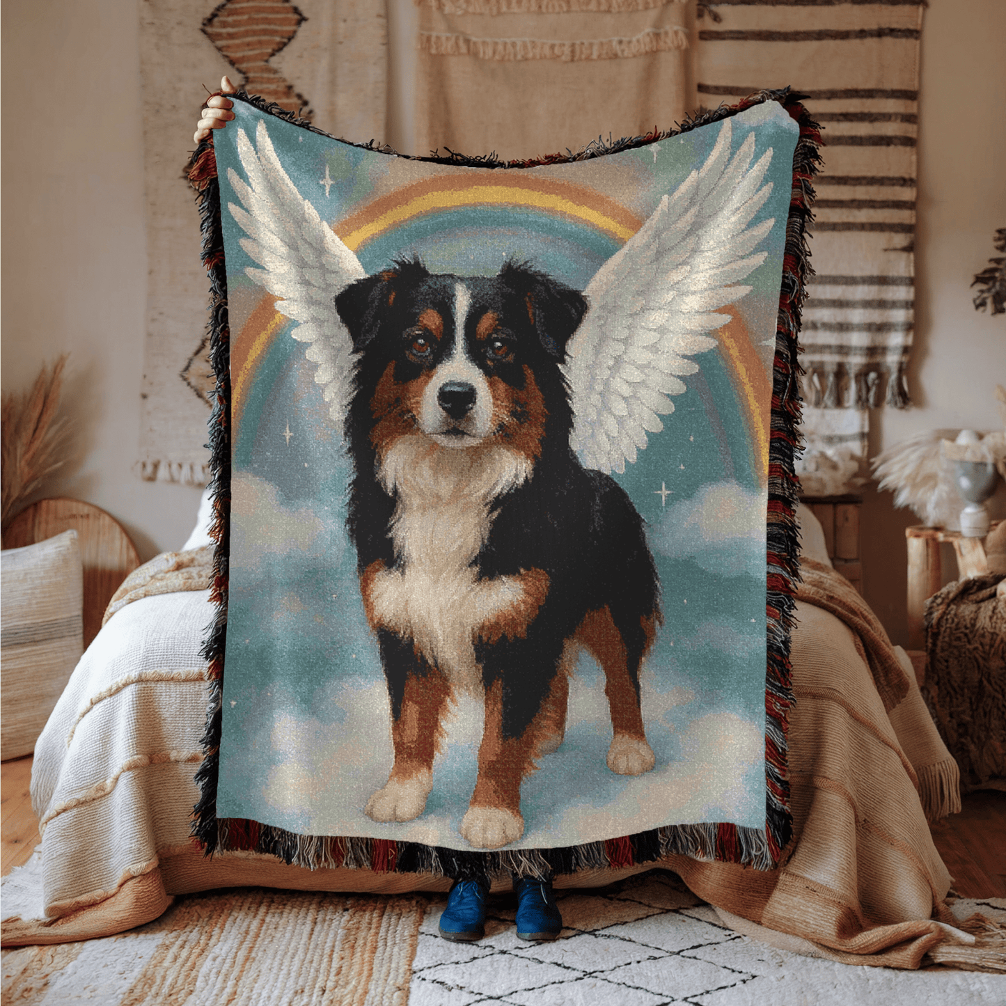 Printify Home Decor Woven Blanket, Tricolor Australian Shepherd, Angel In Memory of Dog, Rainbow Bridge Memorial Gift
