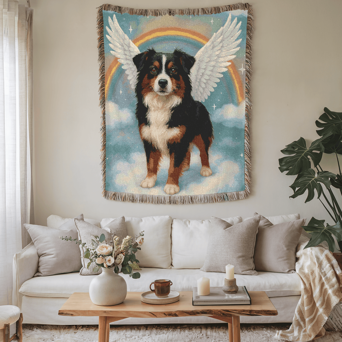 Printify Home Decor Woven Blanket, Tricolor Australian Shepherd, Angel In Memory of Dog, Rainbow Bridge Memorial Gift