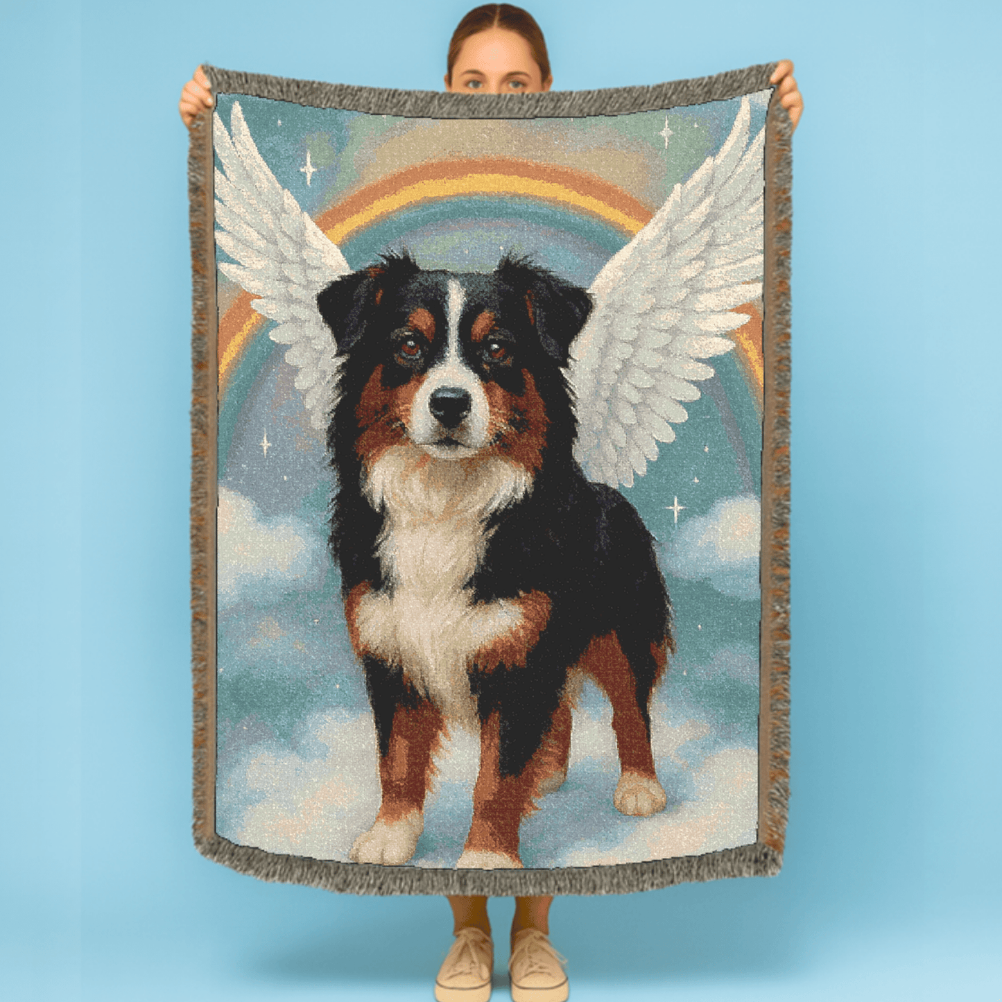 Printify Home Decor Woven Blanket, Tricolor Australian Shepherd, Angel In Memory of Dog, Rainbow Bridge Memorial Gift