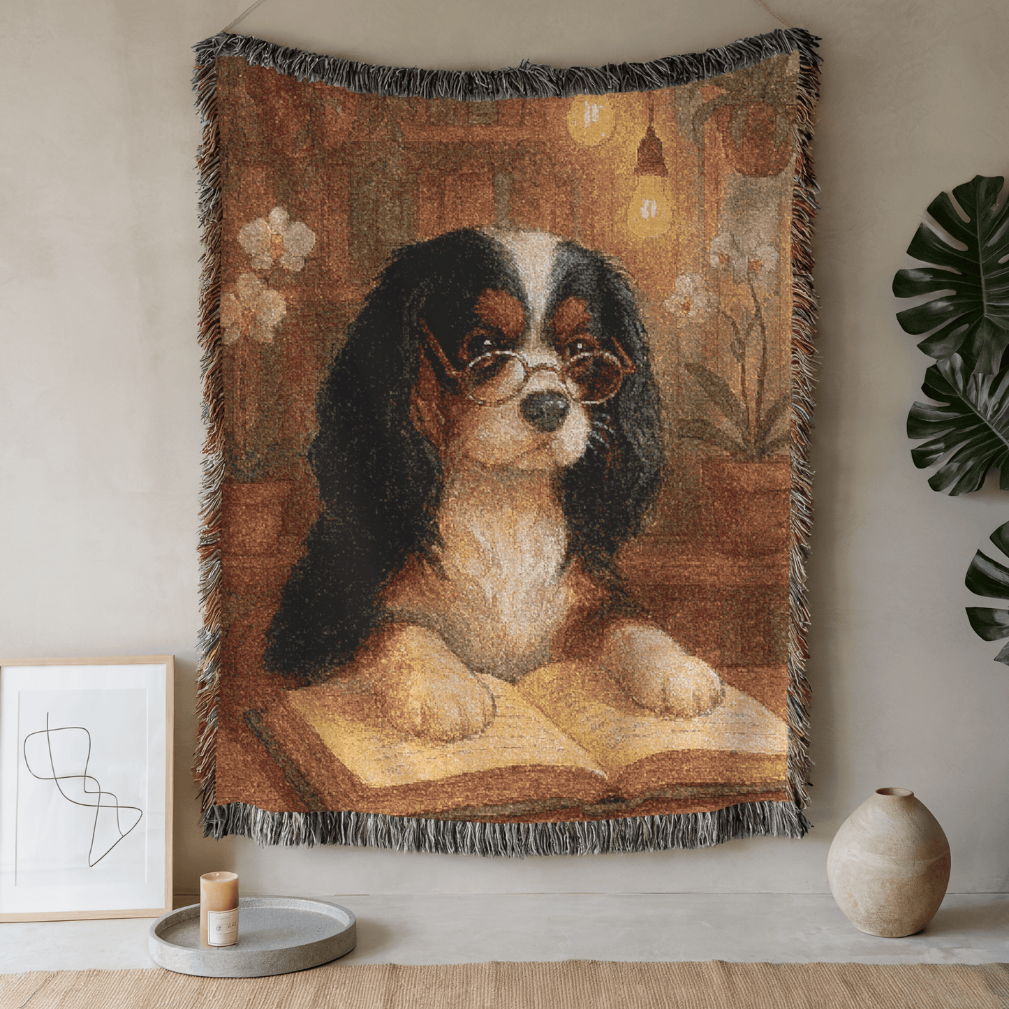 Printify Home Decor Woven Blanket, Tricolor Cavalier King Charles Spaniel Book Lover Gift, Bookish Decor, Housewarming Gift