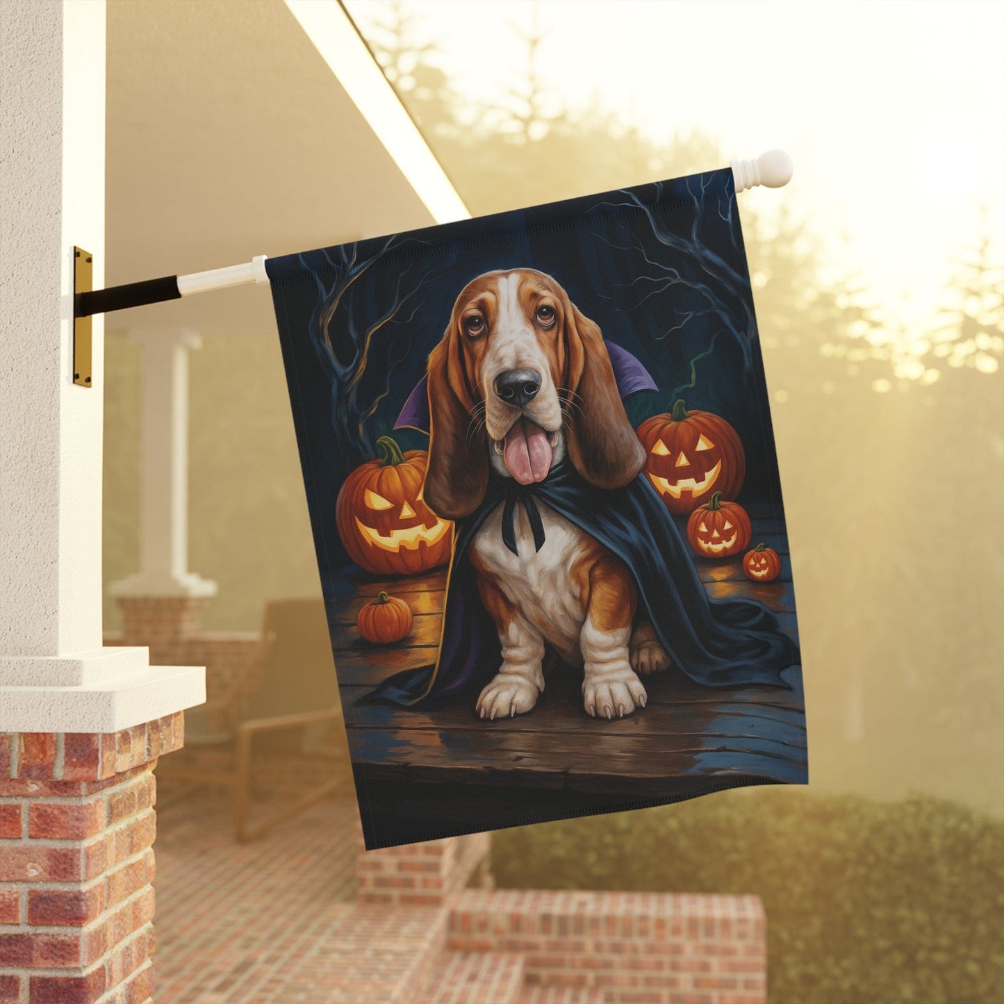 Printify Home Decor Yard Flag, Halloween Basset Hound Shepherd Dog, Vampire Pumpkins Decor, Garden House Banner, Outdoor Halloween Fall Decoration