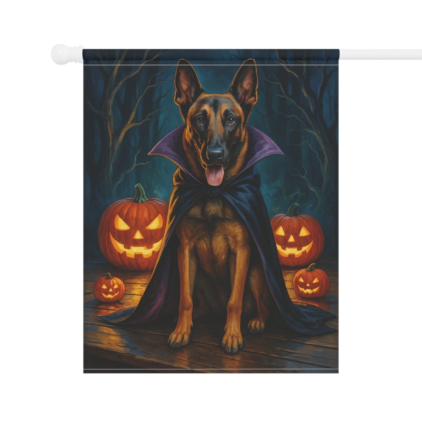 Printify Home Decor Yard Flag, Halloween Belgian Malinois Dog, Vampire Pumpkins Decor, Garden House Banner, Outdoor Halloween Fall Decoration, October Yard Art