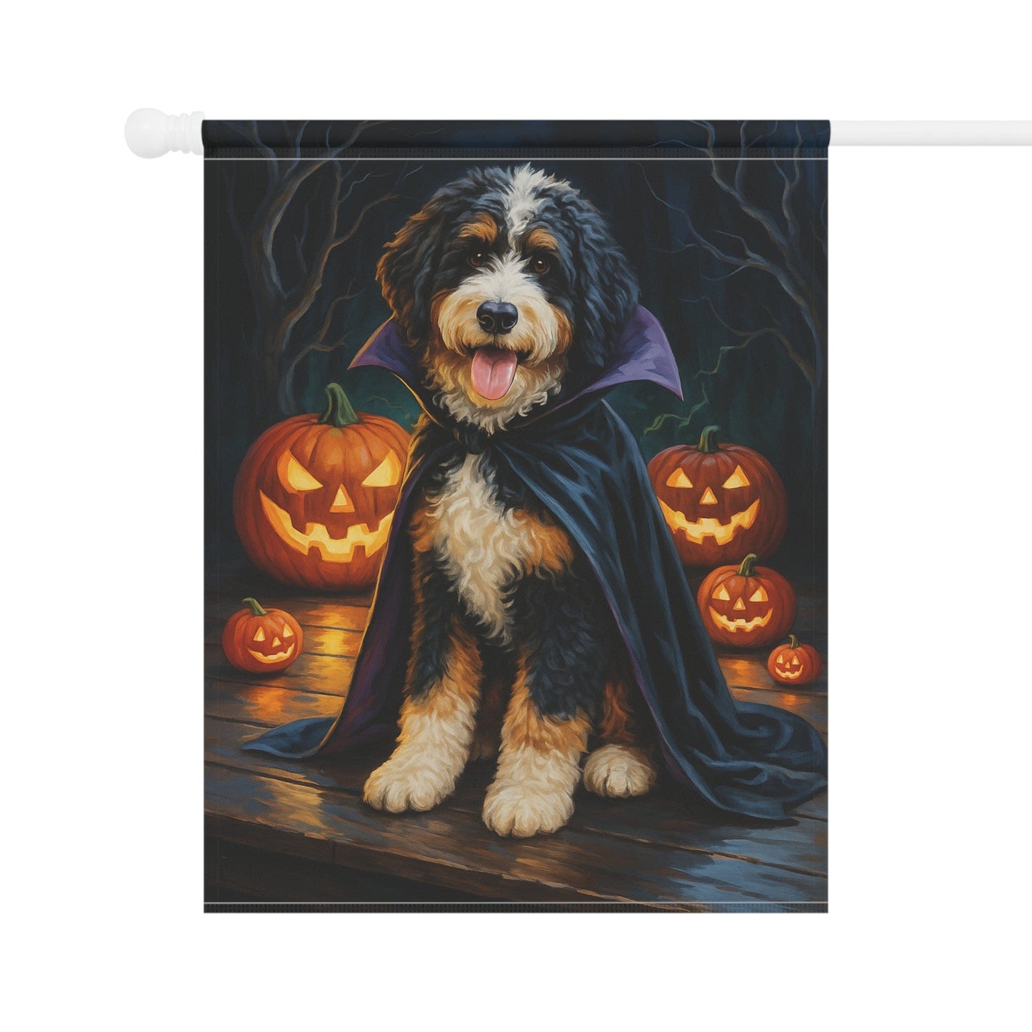 Printify Home Decor Yard Flag, Halloween Bernedoodle Dog, Vampire Pumpkins Decor, Garden House Banner, Outdoor Halloween Fall Decoration, October Yard Art