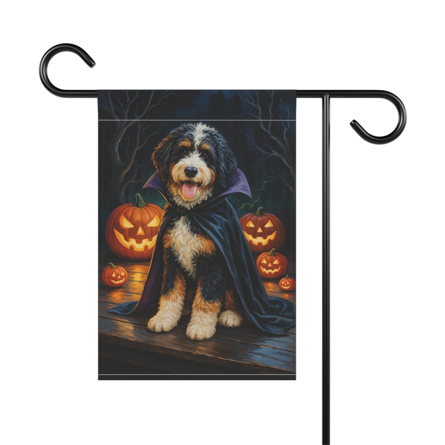 Printify Home Decor Yard Flag, Halloween Bernedoodle Dog, Vampire Pumpkins Decor, Garden House Banner, Outdoor Halloween Fall Decoration, October Yard Art