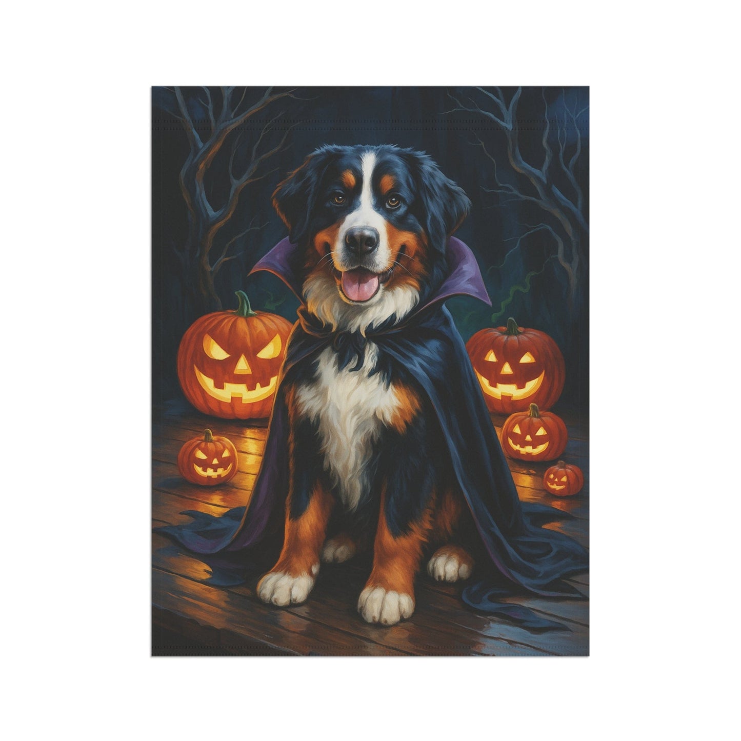 Printify Home Decor Yard Flag, Halloween Bernese Mountain Dog, Vampire Pumpkins Decor, Garden House Banner, Outdoor Halloween Fall Decoration, October Yard Art