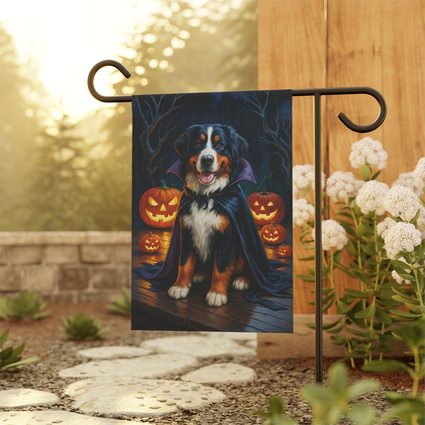 Printify Home Decor Yard Flag, Halloween Bernese Mountain Dog, Vampire Pumpkins Decor, Garden House Banner, Outdoor Halloween Fall Decoration, October Yard Art