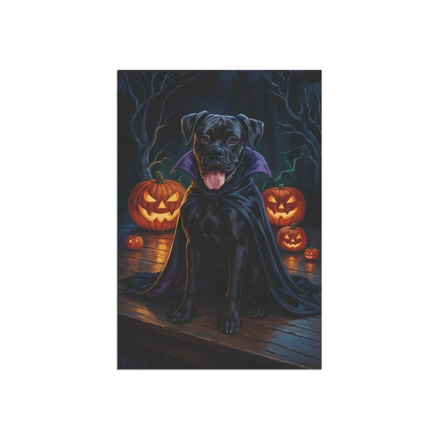 Printify Home Decor Yard Flag, Halloween Black Boxer Dog, Vampire Pumpkins Decor, Garden House Banner, Outdoor Halloween Fall Decoration, October Yard Art