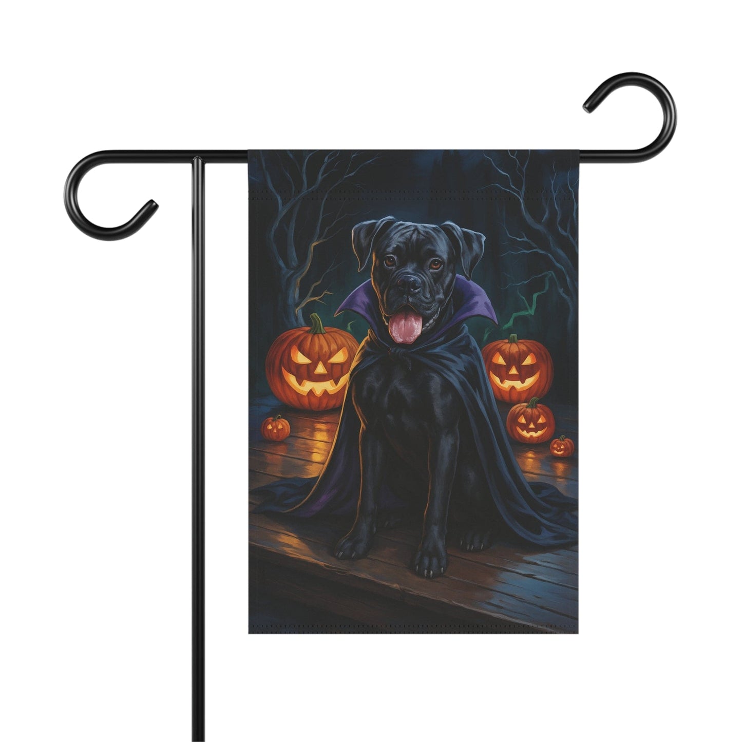 Printify Home Decor 12'' × 18'' Yard Flag, Halloween Black Boxer Dog, Vampire Pumpkins Decor, Garden House Banner, Outdoor Halloween Fall Decoration, October Yard Art
