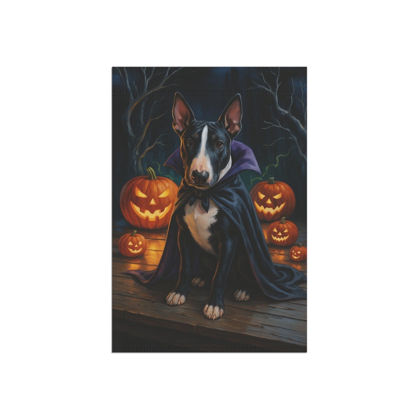 Printify Home Decor Yard Flag, Halloween Black Bull Terrier, Vampire Pumpkins Decor, Garden House Banner, Outdoor Halloween Fall Decoration, October Yard Art