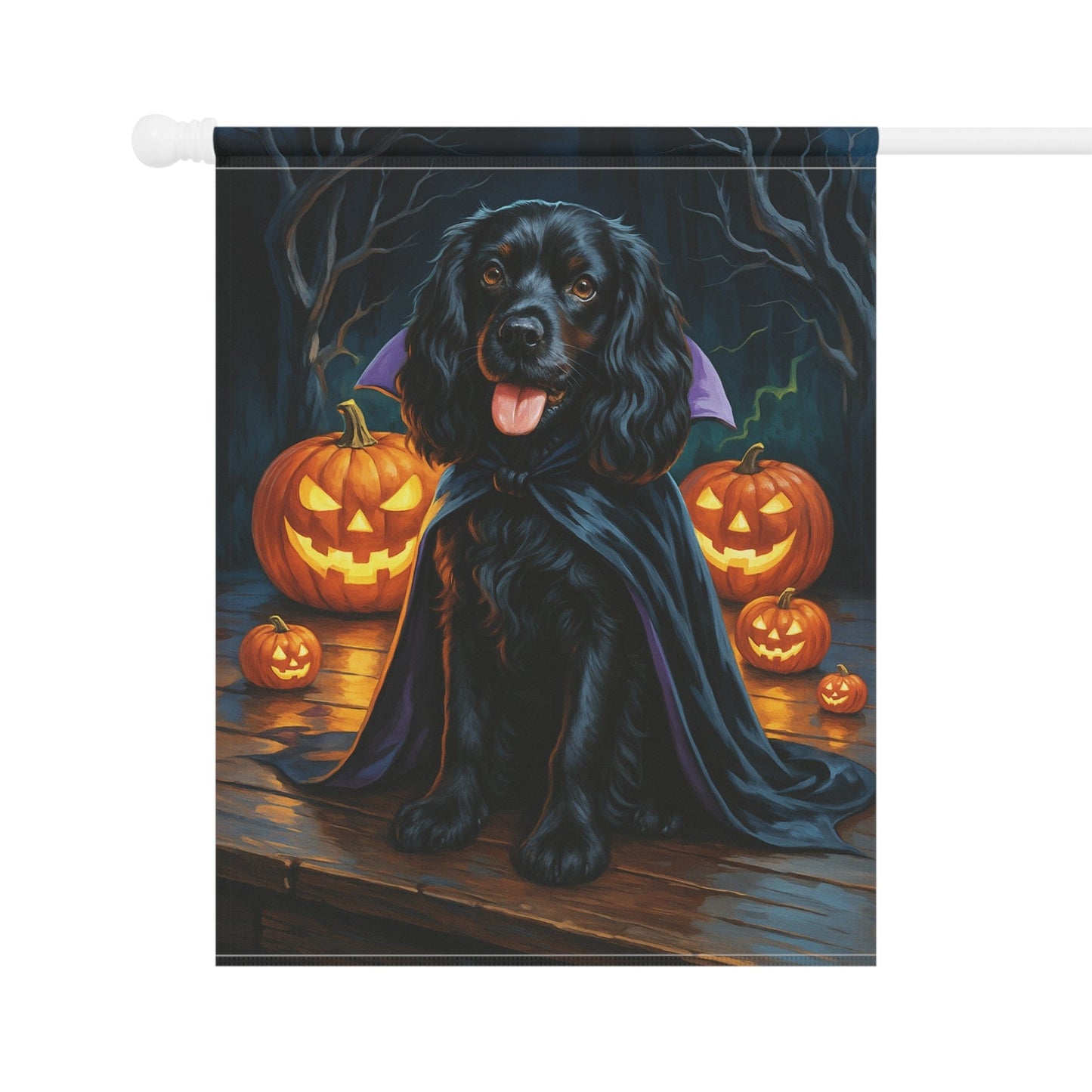 Printify Home Decor Yard Flag, Halloween Black Cocker Spaniel Dog, Vampire Pumpkins Decor, Garden House Banner, Outdoor Halloween Fall Art, October Yard Art