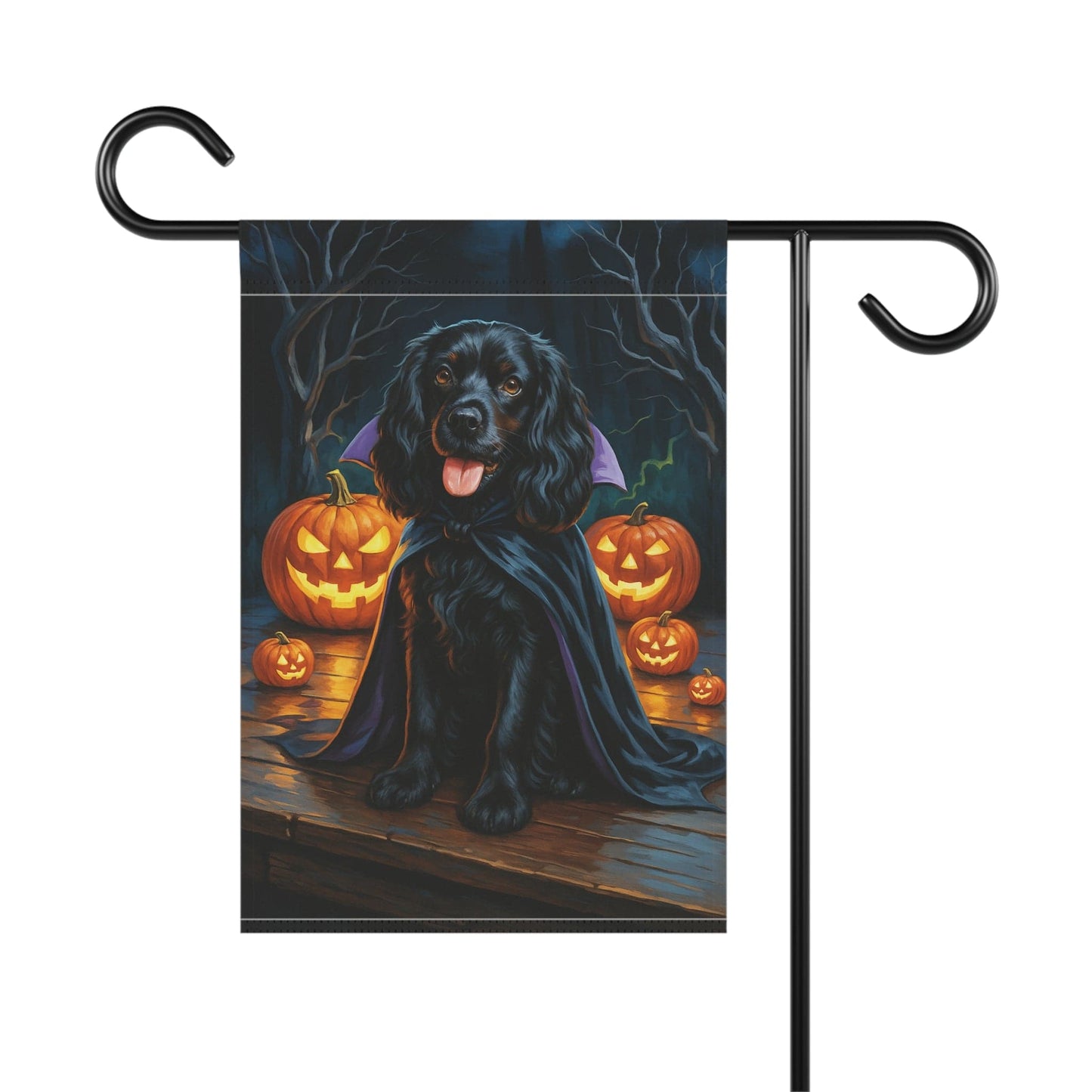 Printify Home Decor Yard Flag, Halloween Black Cocker Spaniel Dog, Vampire Pumpkins Decor, Garden House Banner, Outdoor Halloween Fall Art, October Yard Art