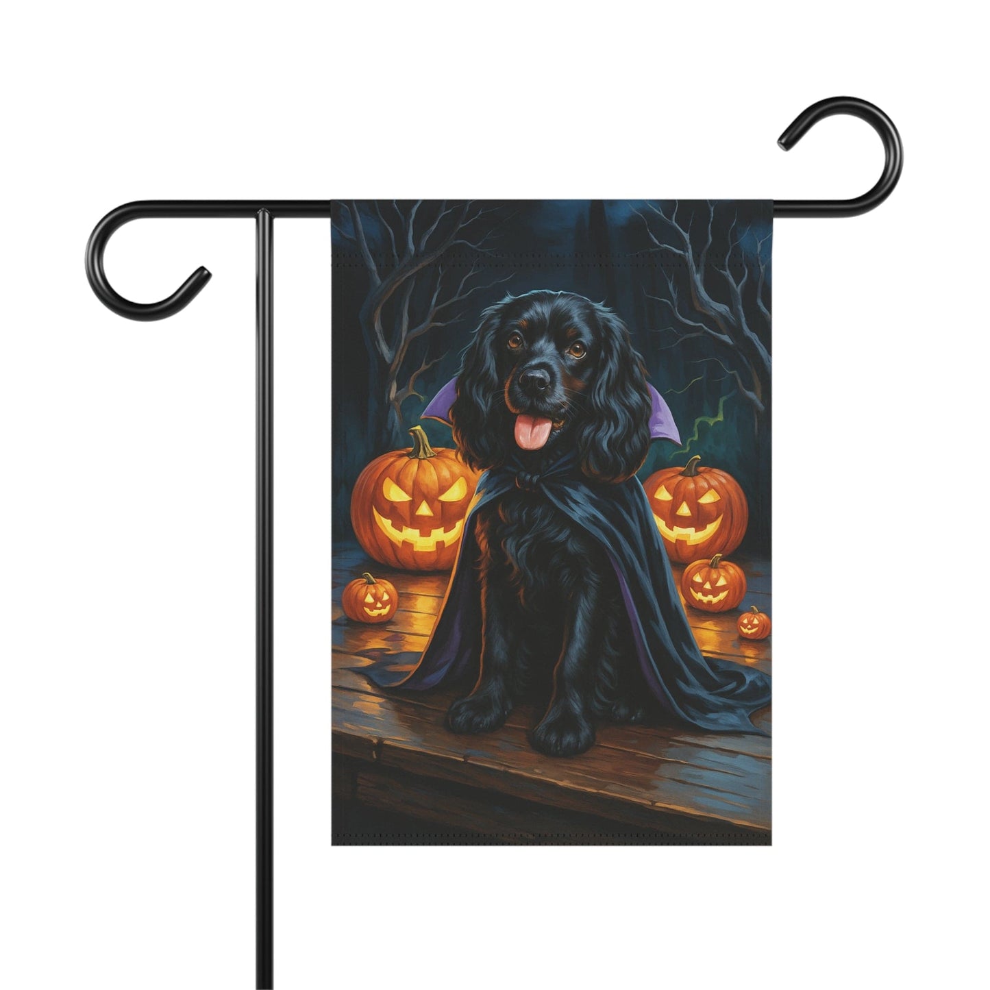 Printify Home Decor 12'' × 18'' Yard Flag, Halloween Black Cocker Spaniel Dog, Vampire Pumpkins Decor, Garden House Banner, Outdoor Halloween Fall Art, October Yard Art
