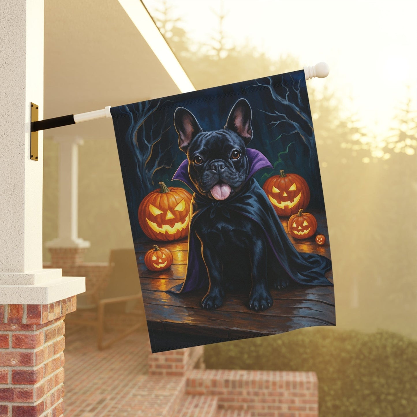 Printify Home Decor Yard Flag, Halloween Black French Bulldog Dog, Vampire Pumpkins Decor, Garden House Banner, Outdoor Halloween Fall Art, October Yard Art