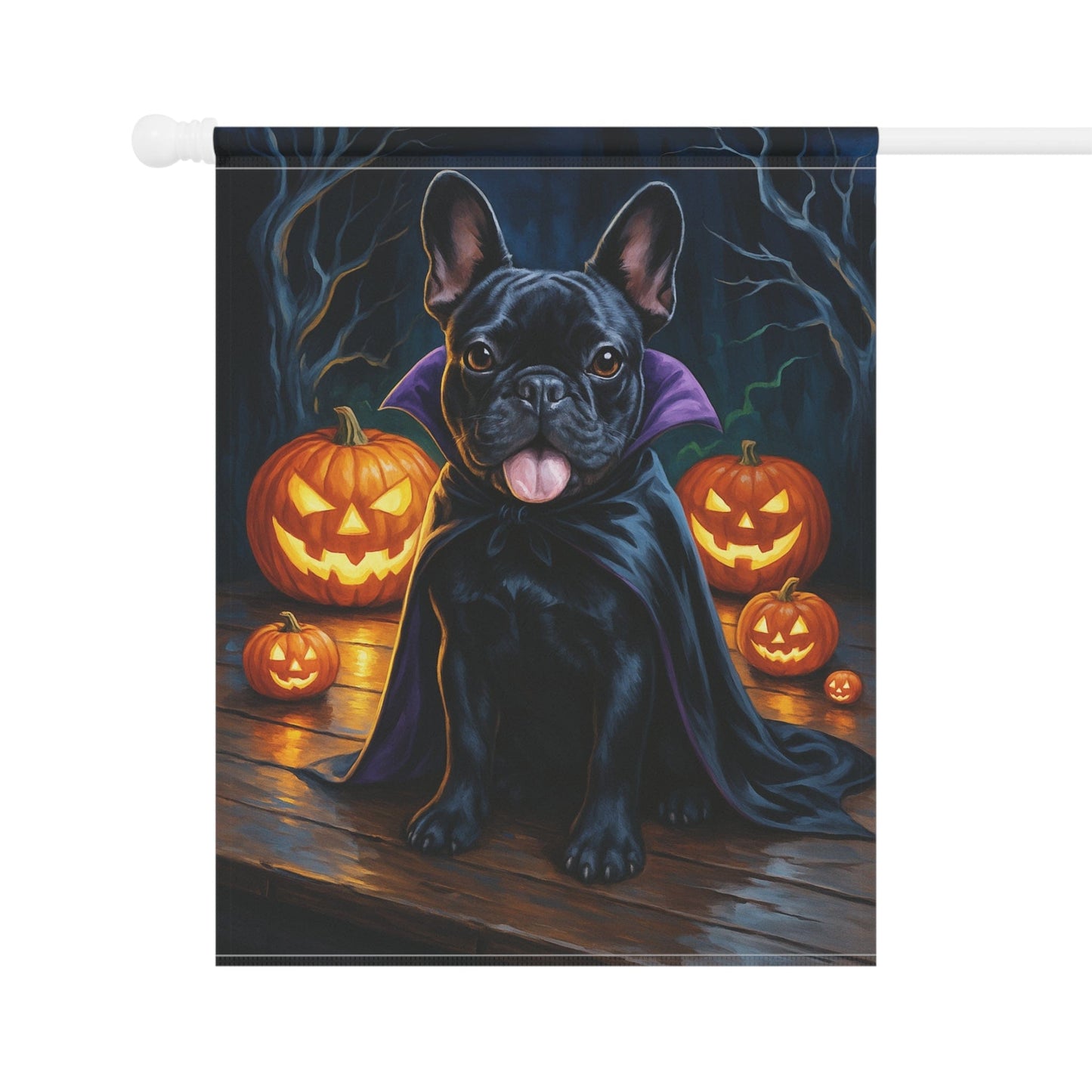 Printify Home Decor Yard Flag, Halloween Black French Bulldog Dog, Vampire Pumpkins Decor, Garden House Banner, Outdoor Halloween Fall Art, October Yard Art