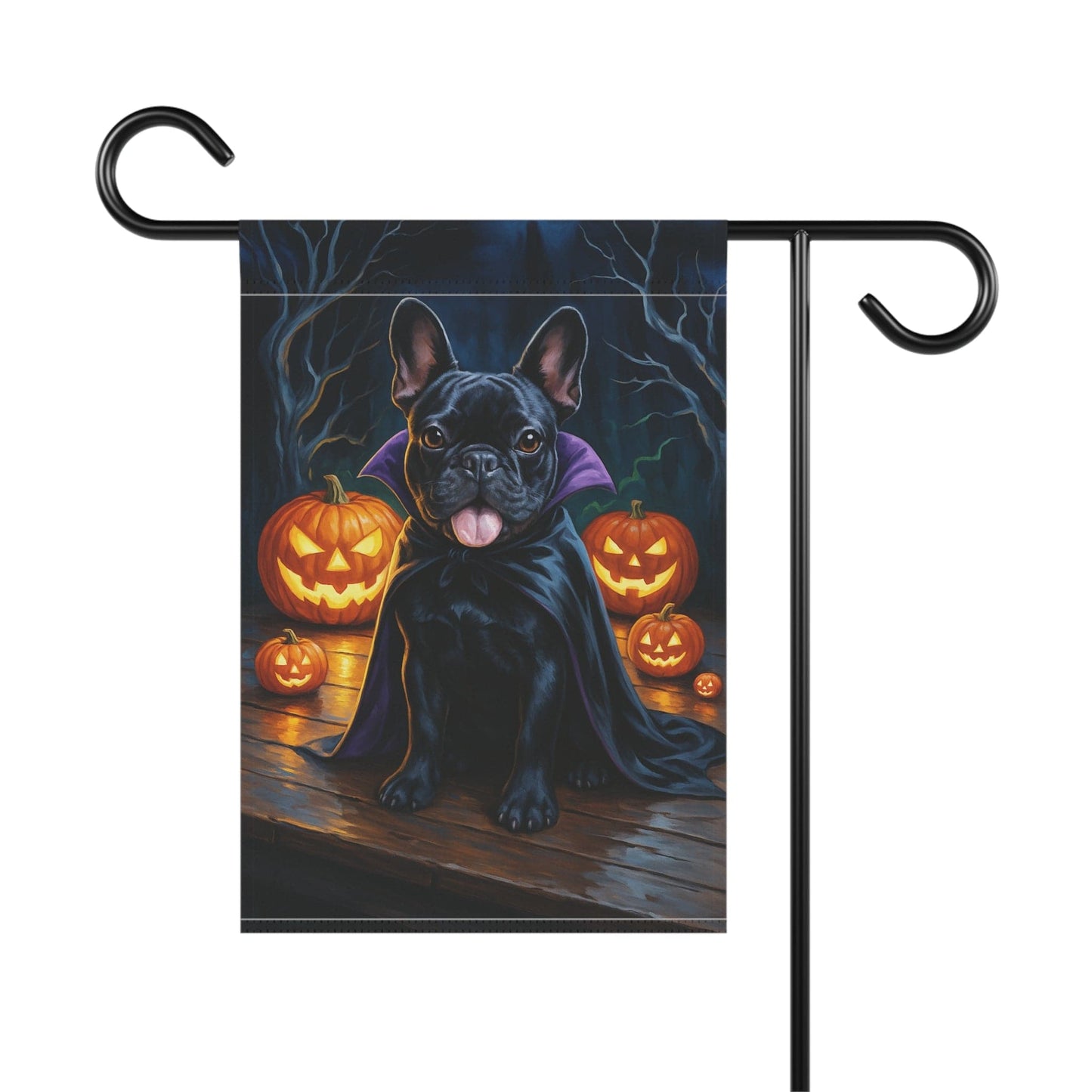 Printify Home Decor Yard Flag, Halloween Black French Bulldog Dog, Vampire Pumpkins Decor, Garden House Banner, Outdoor Halloween Fall Art, October Yard Art