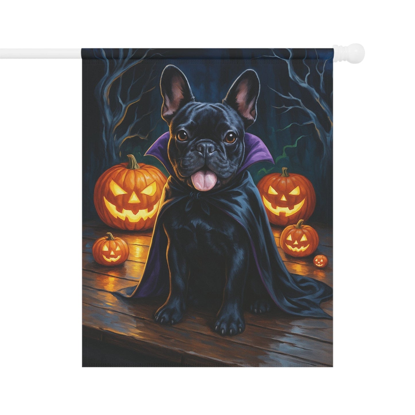 Printify Home Decor 24.5'' × 32'' Yard Flag, Halloween Black French Bulldog Dog, Vampire Pumpkins Decor, Garden House Banner, Outdoor Halloween Fall Art, October Yard Art