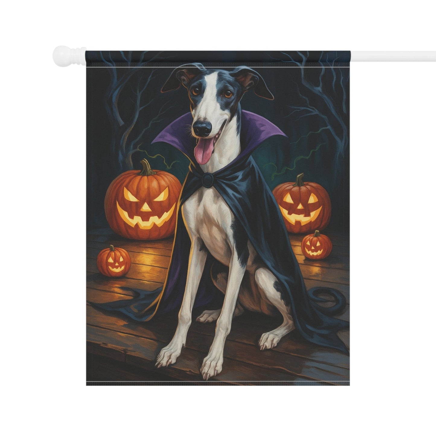 Printify Home Decor Yard Flag, Halloween Black Greyhound Dog, Vampire Pumpkins Decor, Garden House Banner, Outdoor Halloween Fall Art, October Yard Art