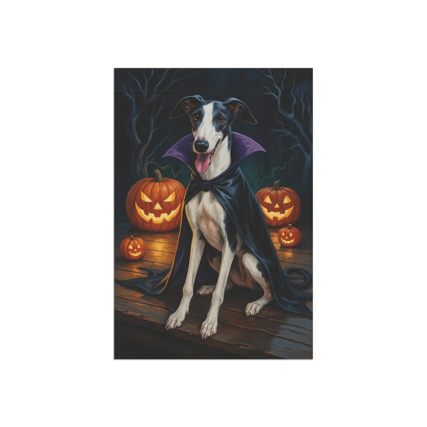Printify Home Decor Yard Flag, Halloween Black Greyhound Dog, Vampire Pumpkins Decor, Garden House Banner, Outdoor Halloween Fall Art, October Yard Art
